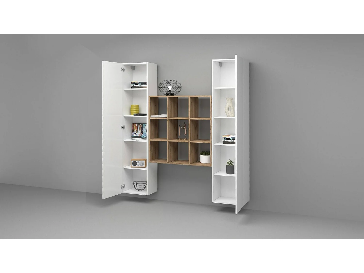 Ddacru Dressoir, Woonkamerset met 2 deuren en planken, Woonkamerbuffet, Keukendressoir, 100% Made in Italy, 170x30h180 cm, Glanzend wit en Esdoorn