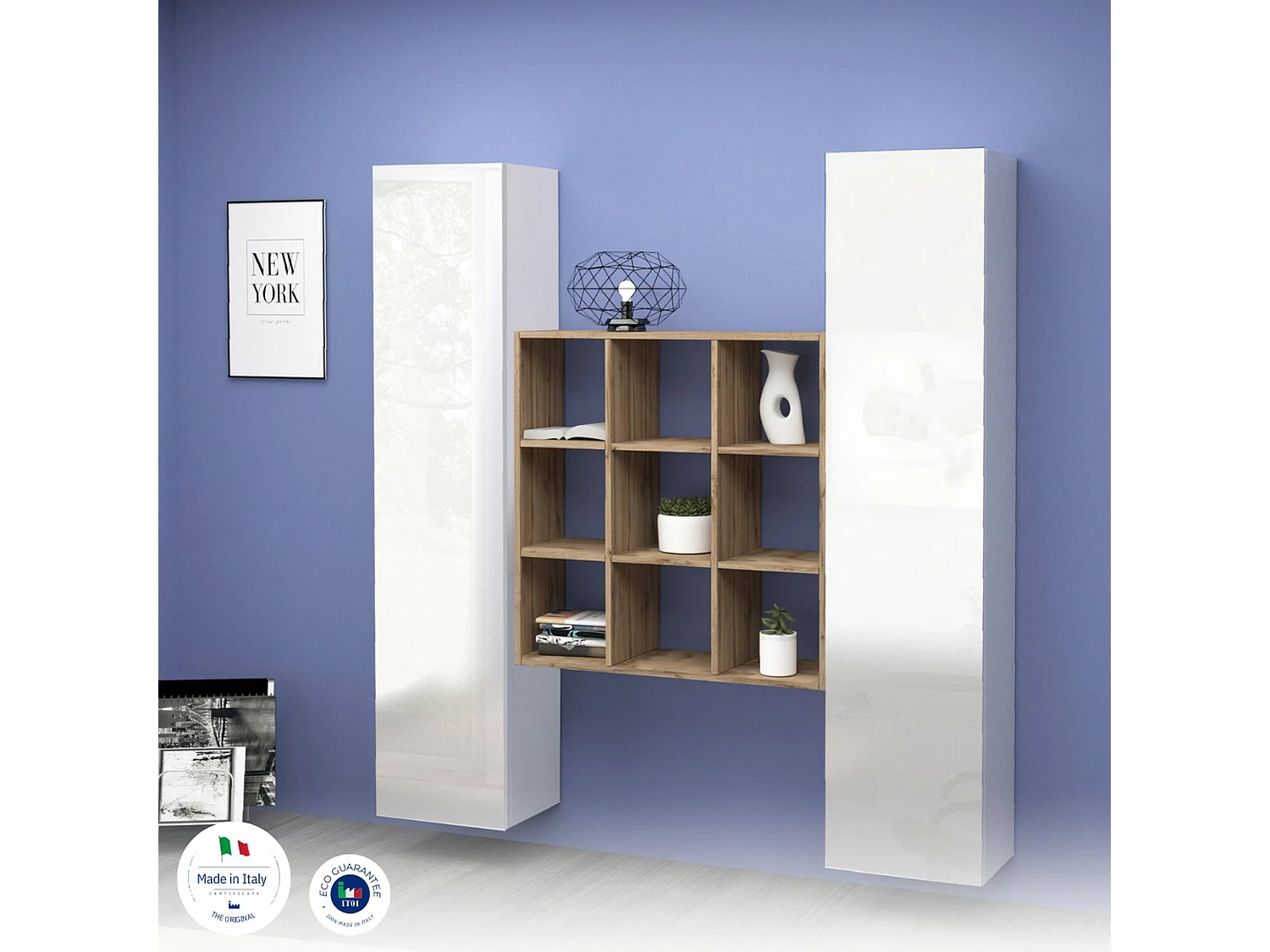 Ddacru Dressoir, Woonkamerset met 2 deuren en planken, Woonkamerbuffet, Keukendressoir, 100% Made in Italy, 170x30h180 cm, Glanzend wit en Esdoorn