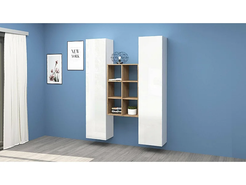 Aparador Franco, Juego de salón con 2 puertas y estantes, Buffet de salón, Aparador de cocina, 100% Made in Italy, 140x30h180 cm, Blanco brillo y Arce