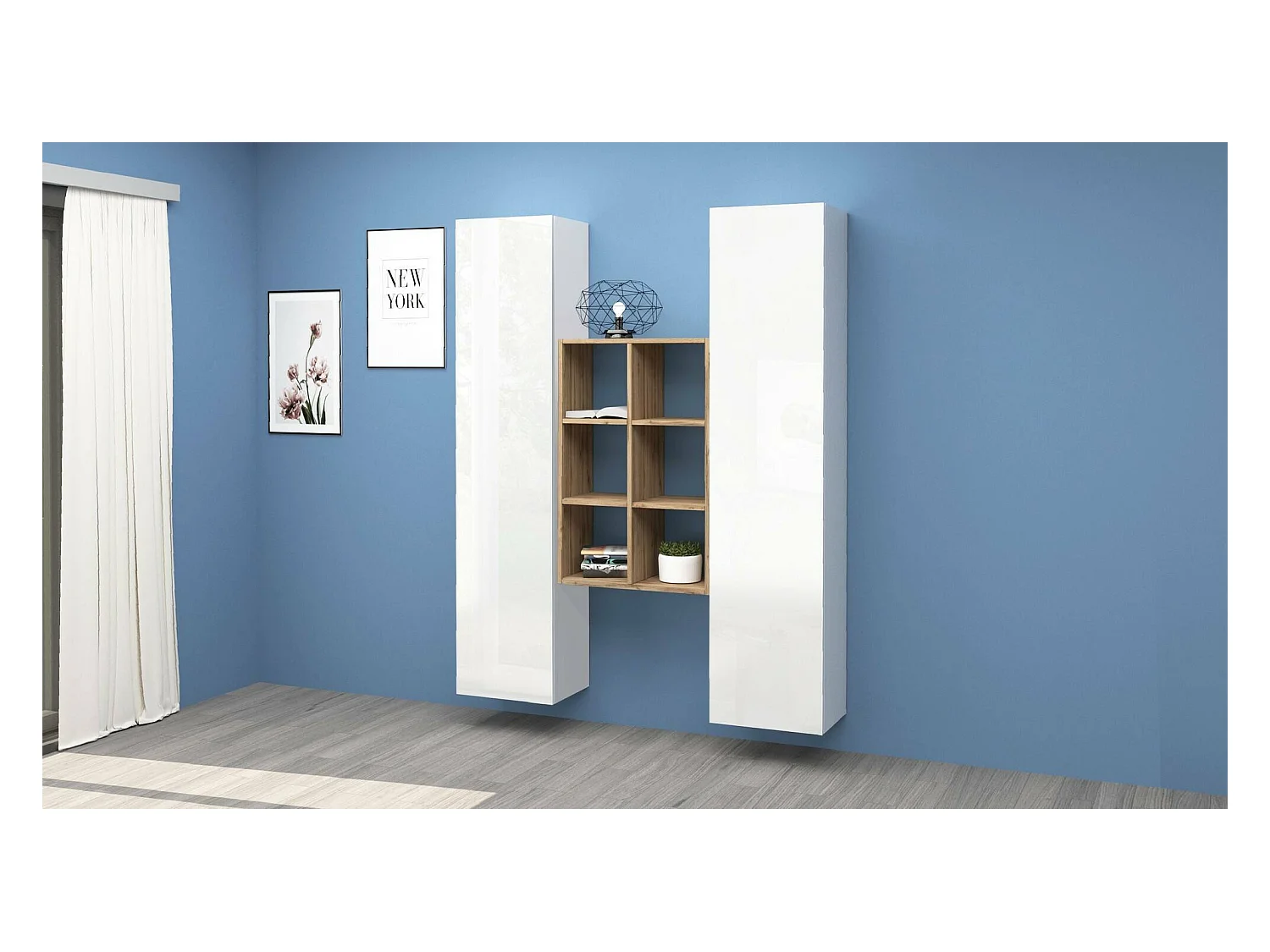 Buffet Franco, Ensemble de salon avec 2 portes et étagères, Buffet de salon, Buffet de cuisine, 100% Made in Italy, 140x30h180 cm, Blanc brillant et Érable