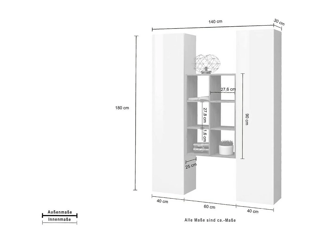 Aparador Franco, Juego de salón con 2 puertas y estantes, Buffet de salón, Aparador de cocina, 100% Made in Italy, 140x30h180 cm, Blanco brillo y Arce