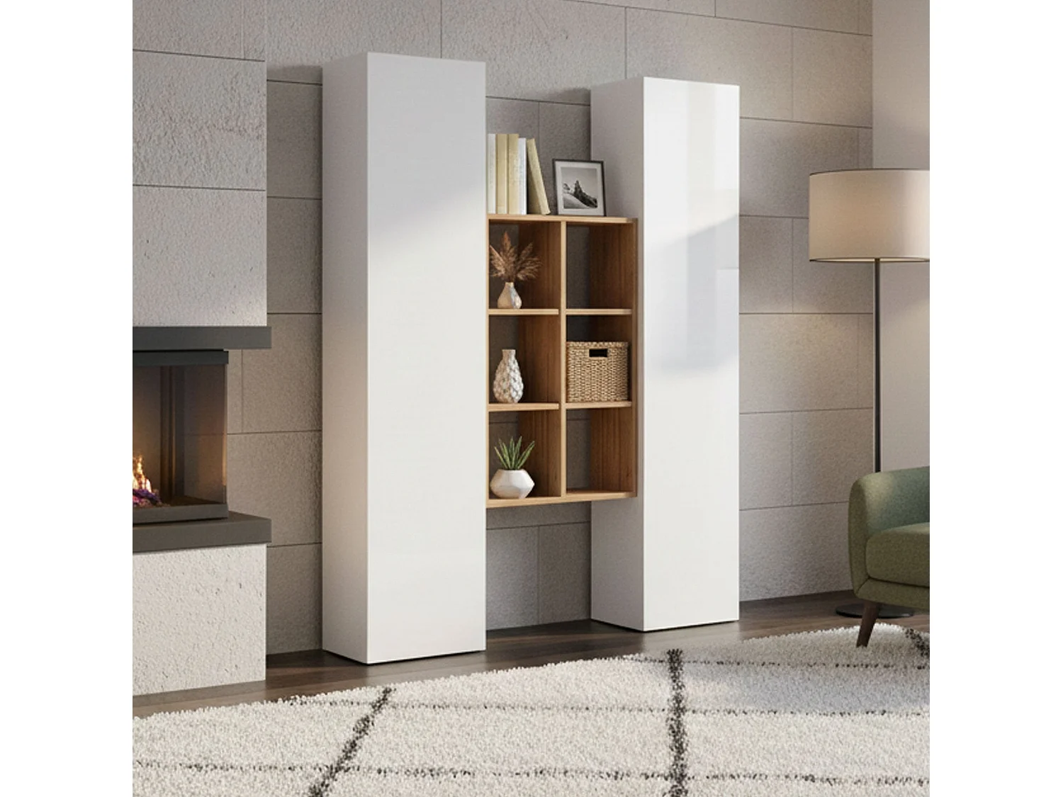 Buffet Franco, Ensemble de salon avec 2 portes et étagères, Buffet de salon, Buffet de cuisine, 100% Made in Italy, 140x30h180 cm, Blanc brillant et Érable