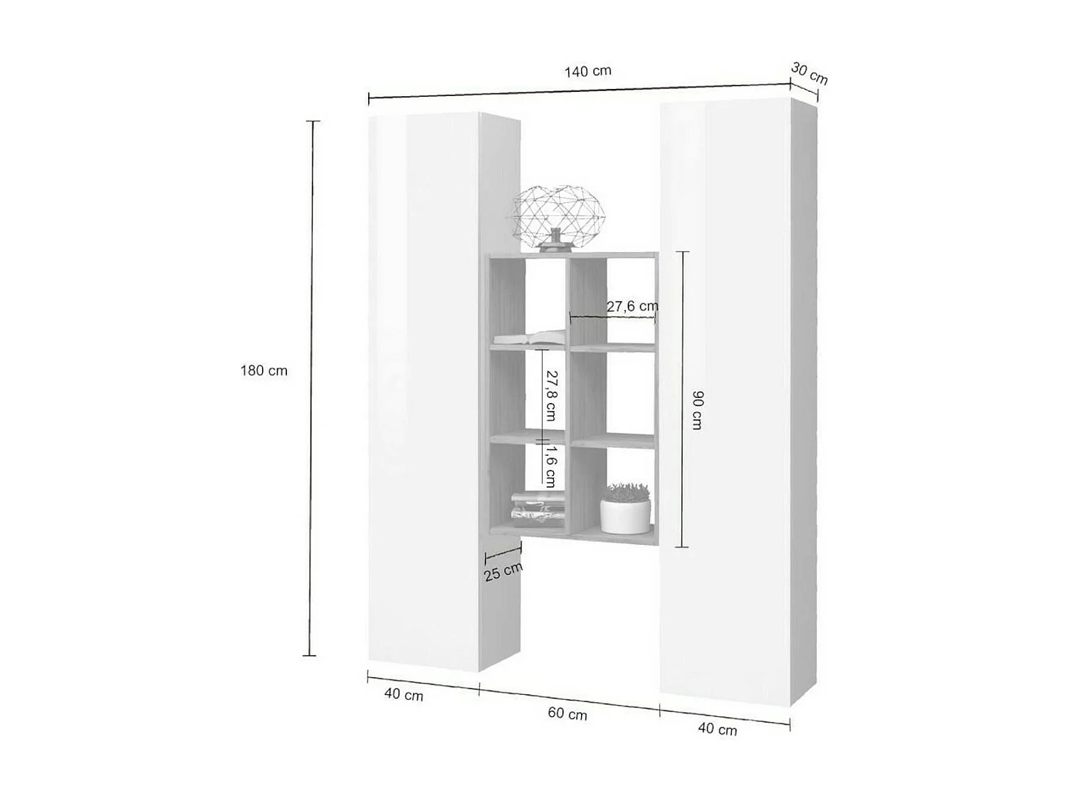Buffet Franco, Ensemble de salon avec 2 portes et étagères, Buffet de salon, Buffet de cuisine, 100% Made in Italy, 140x30h180 cm, Blanc brillant et Érable