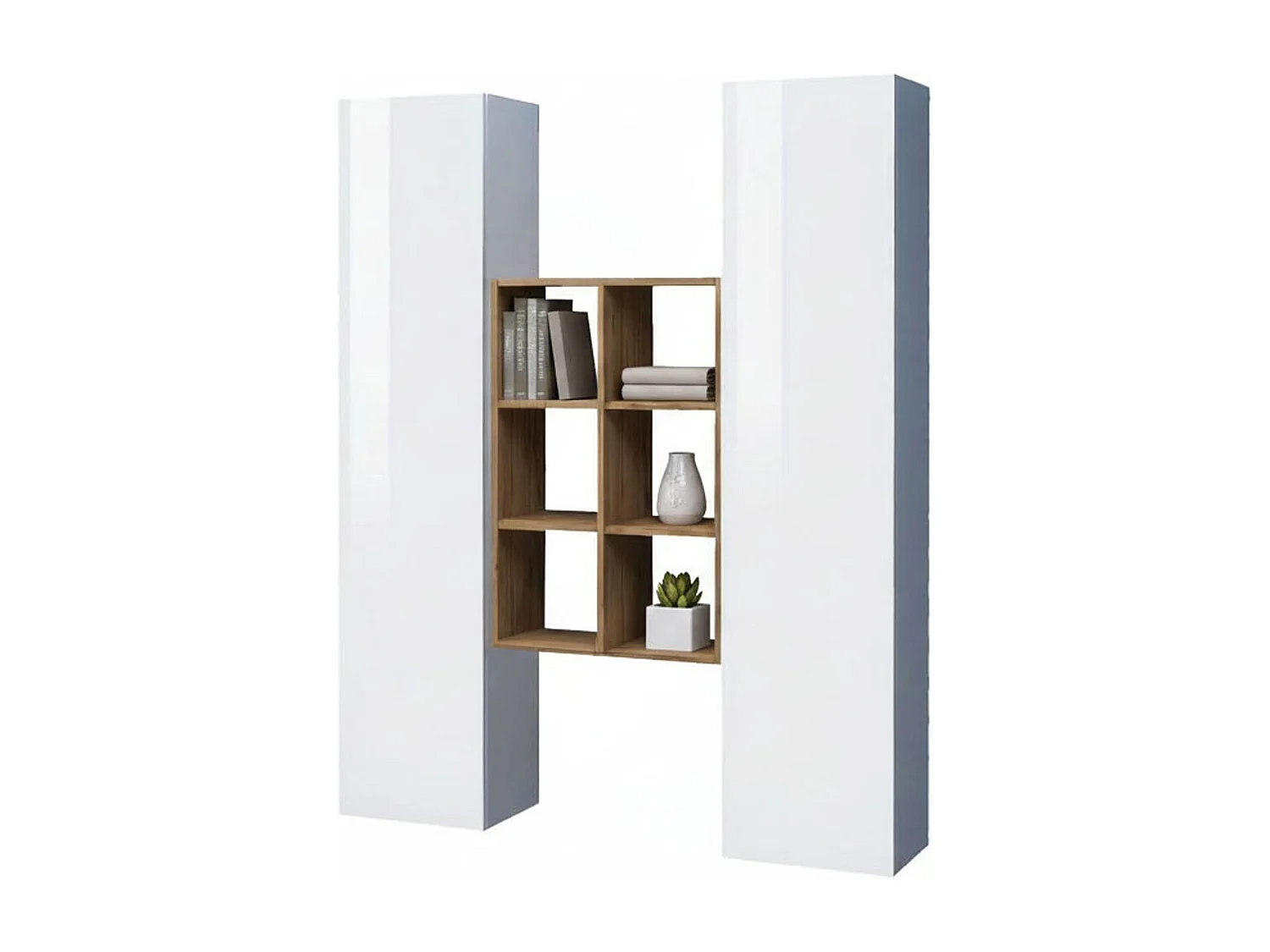 Buffet Franco, Ensemble de salon avec 2 portes et étagères, Buffet de salon, Buffet de cuisine, 100% Made in Italy, 140x30h180 cm, Blanc brillant et Érable