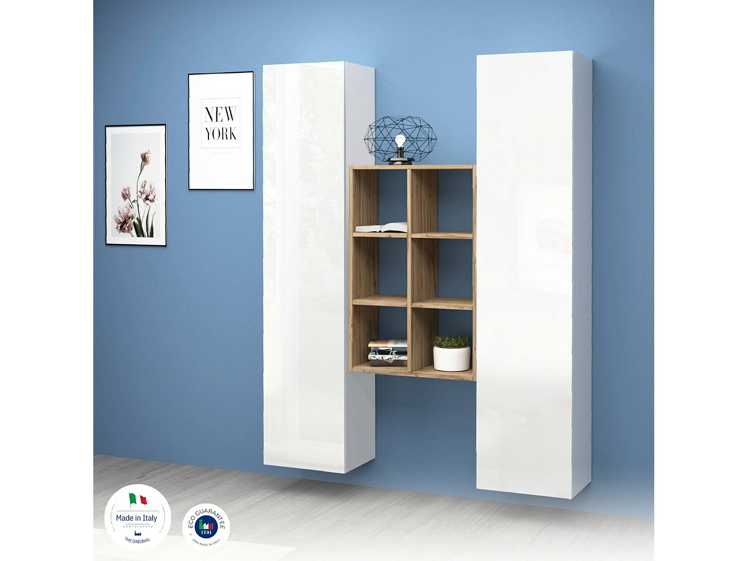 Buffet Franco, Ensemble de salon avec 2 portes et étagères, Buffet de salon, Buffet de cuisine, 100% Made in Italy, 140x30h180 cm, Blanc brillant et Érable