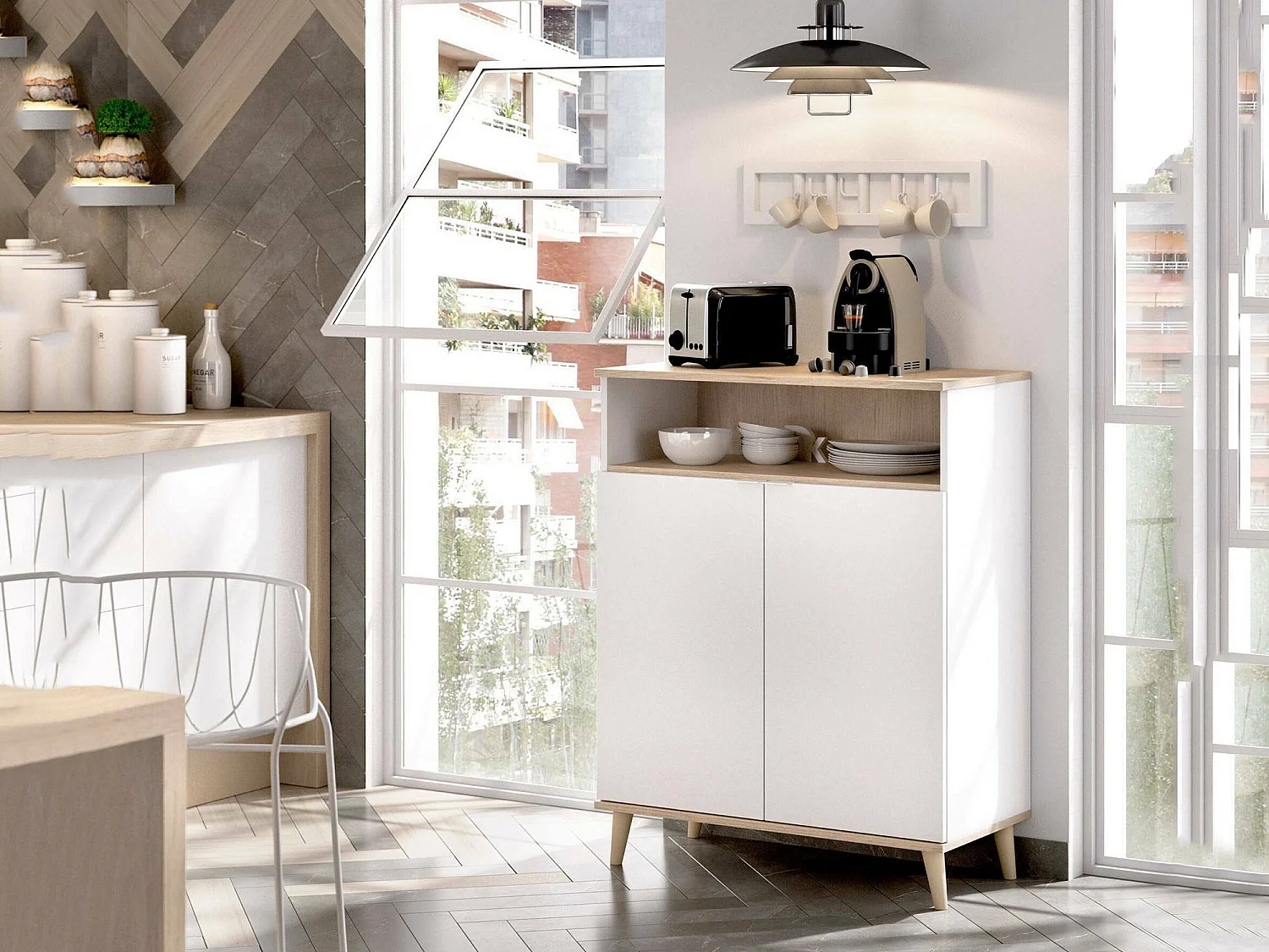 Buffet Dmossin, Buffet garde-manger de salon, Buffet de salon moderne avec 2 portes, 80x40h102 cm, Blanc et Chêne