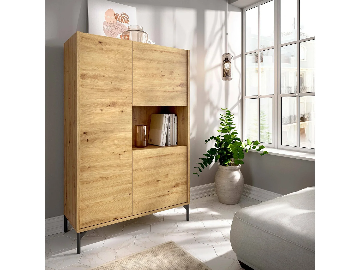 Buffet Boario, Buffet de salon haut, Buffet de salon moderne avec 3 portes, 81x43h135 cm, Chêne Nodi