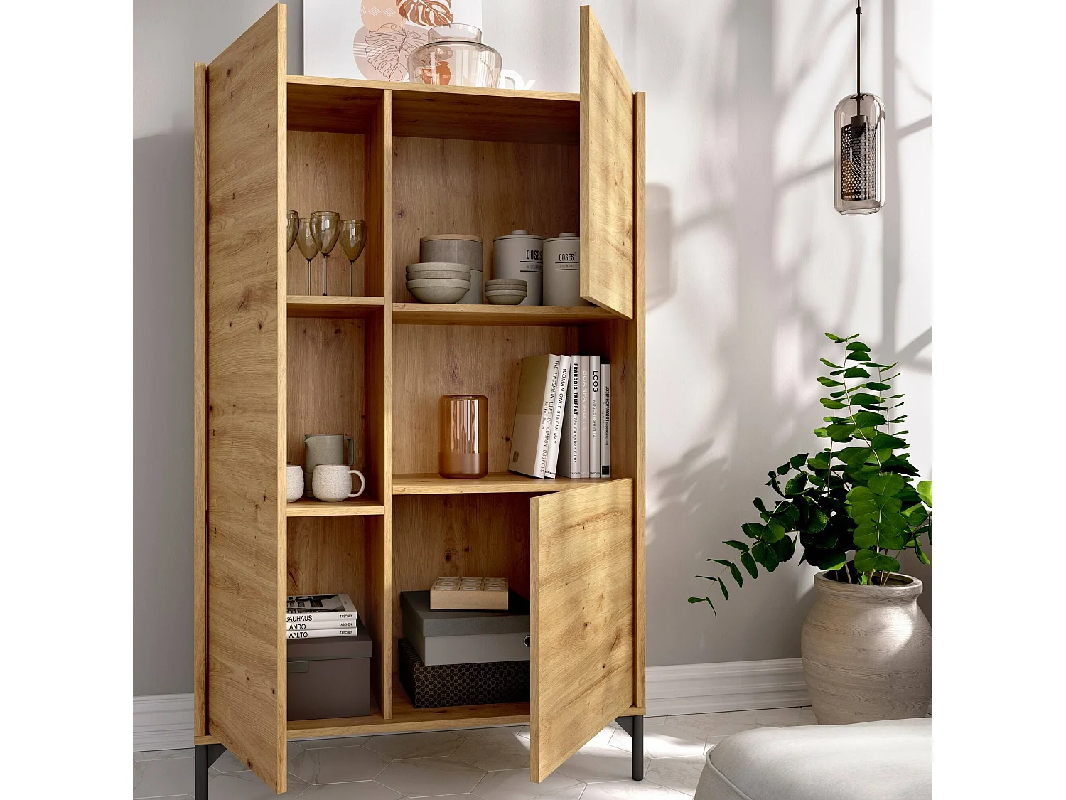 Buffet Boario, Buffet de salon haut, Buffet de salon moderne avec 3 portes, 81x43h135 cm, Chêne Nodi