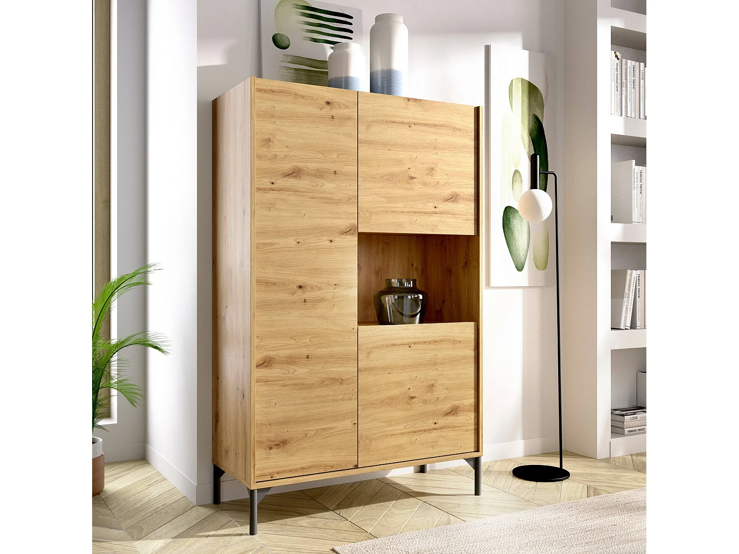 Buffet Boario, Buffet de salon haut, Buffet de salon moderne avec 3 portes, 81x43h135 cm, Chêne Nodi