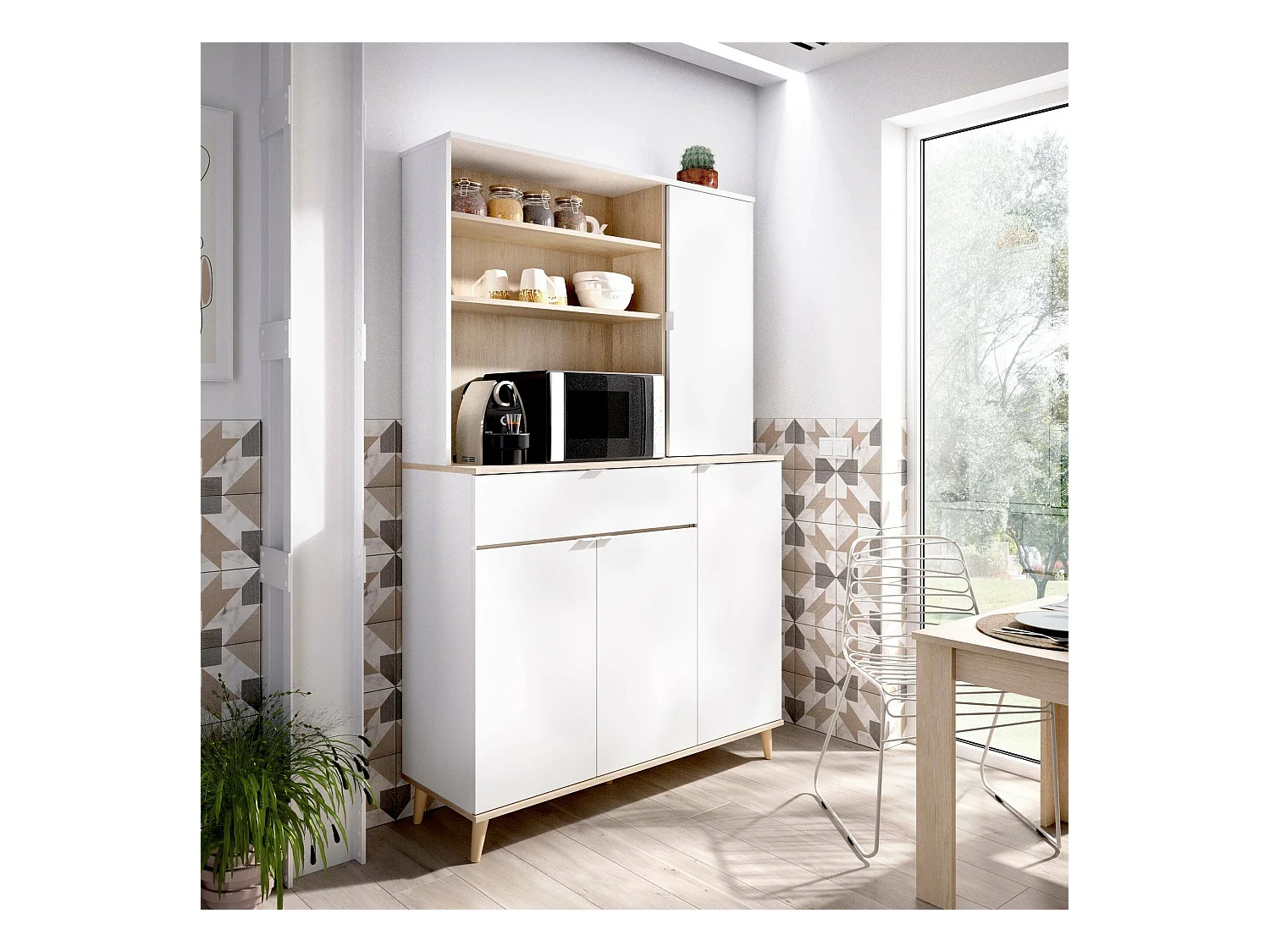 Sparavero dressoir, Woonkamerkastbuffet, Modern woonkamerdressoir met 4 deuren, 120x40h191 cm, Wit en Eiken