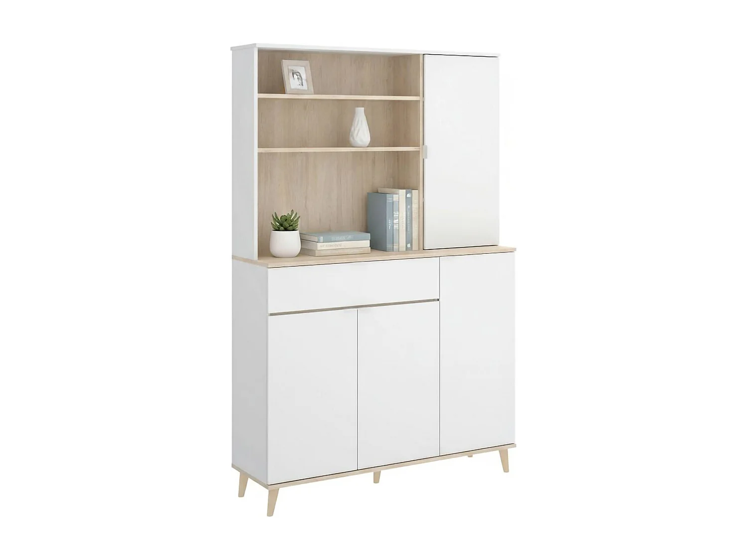 Buffet Sparavero, Buffet garde-manger de salon, Buffet de salon moderne avec 4 portes, 120x40h191 cm, Blanc et Chêne