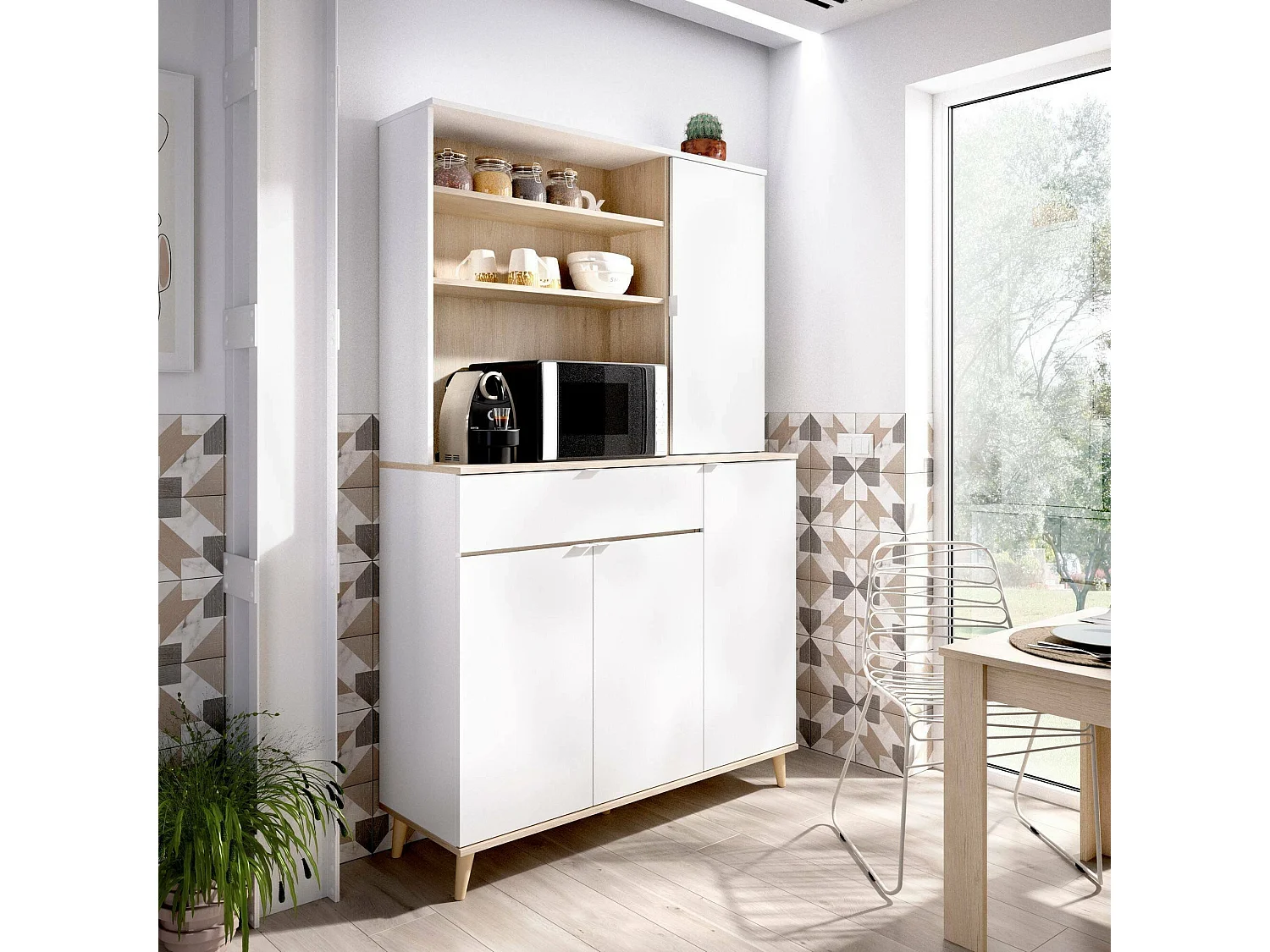 Buffet Sparavero, Buffet garde-manger de salon, Buffet de salon moderne avec 4 portes, 120x40h191 cm, Blanc et Chêne