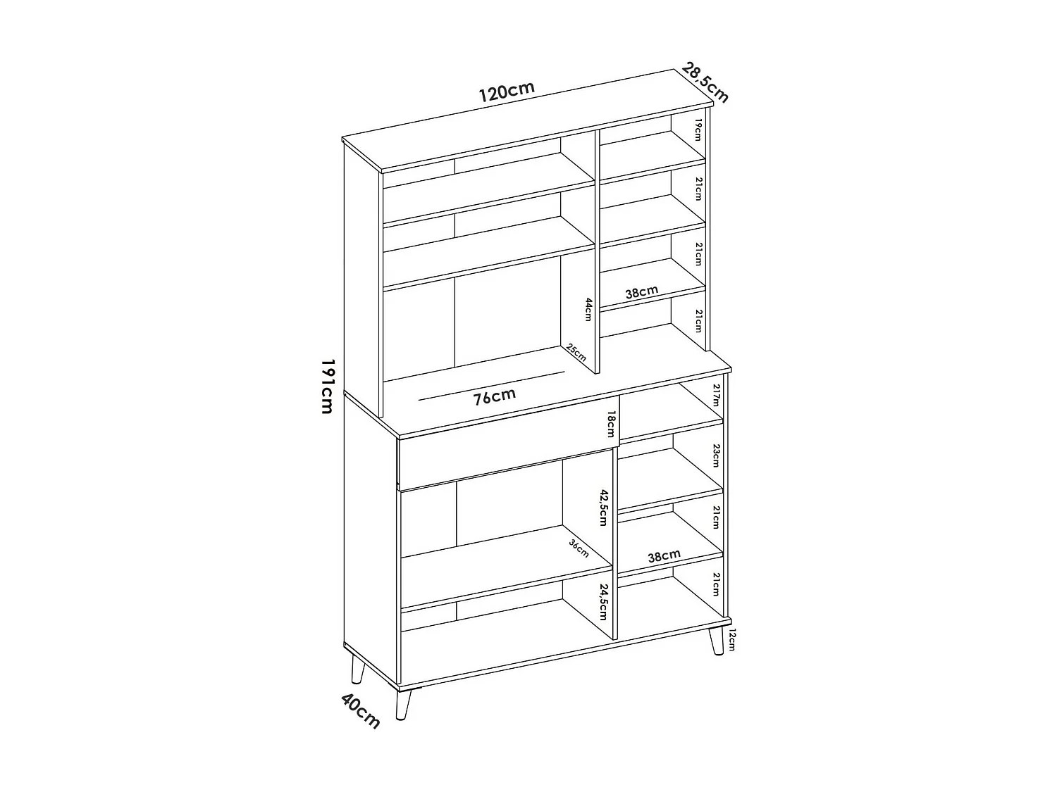 Buffet Sparavero, Buffet garde-manger de salon, Buffet de salon moderne avec 4 portes, 120x40h191 cm, Blanc et Chêne