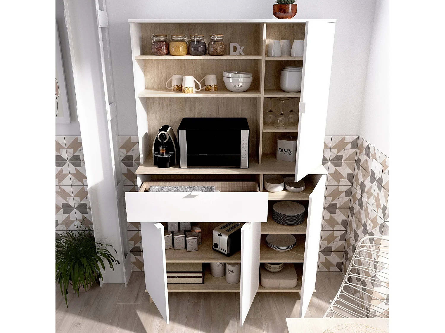 Buffet Sparavero, Buffet garde-manger de salon, Buffet de salon moderne avec 4 portes, 120x40h191 cm, Blanc et Chêne