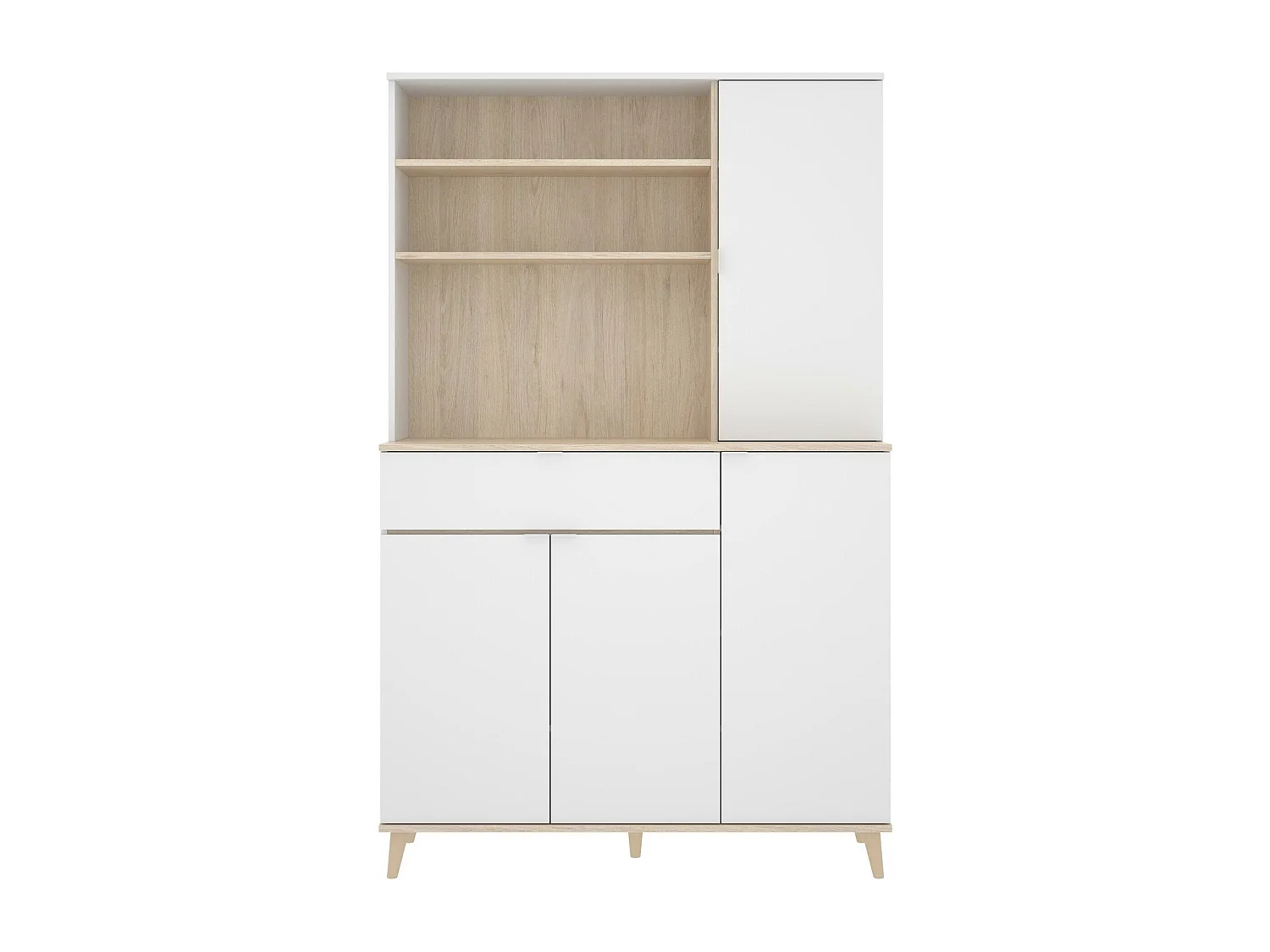Buffet Sparavero, Buffet garde-manger de salon, Buffet de salon moderne avec 4 portes, 120x40h191 cm, Blanc et Chêne