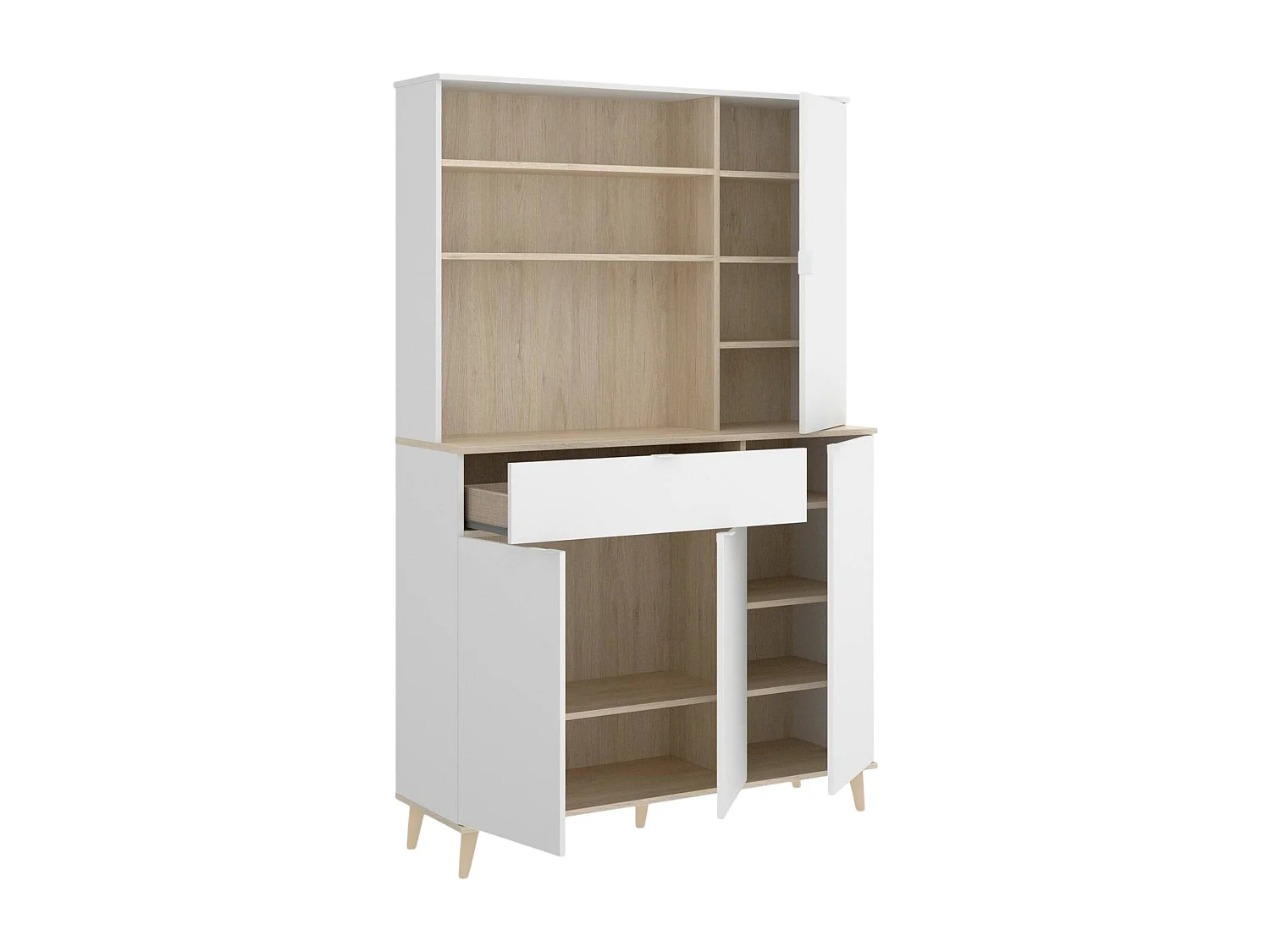 Buffet Sparavero, Buffet garde-manger de salon, Buffet de salon moderne avec 4 portes, 120x40h191 cm, Blanc et Chêne