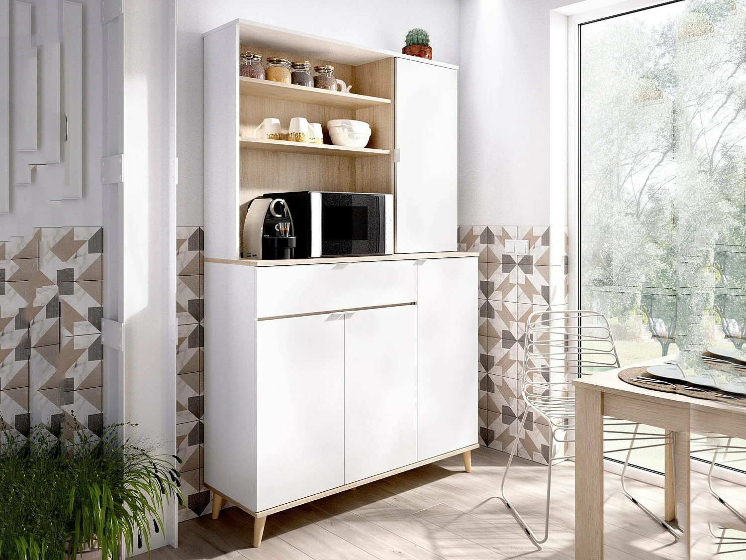 Dmora Dressoir Sparavero 40x120x191h cm Wit 9 Planken, 1 Lade, Kast 13 Vakken
