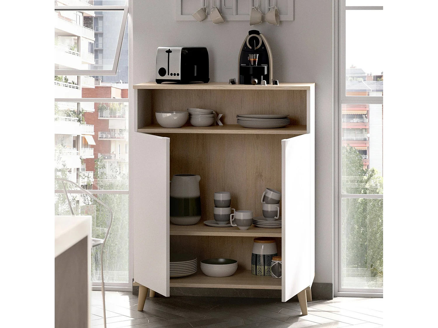 Varatella dressoir, Woonkamerkastbuffet, Modern woonkamerdressoir met 2 deuren, 80x40h102 cm, Wit en Eiken