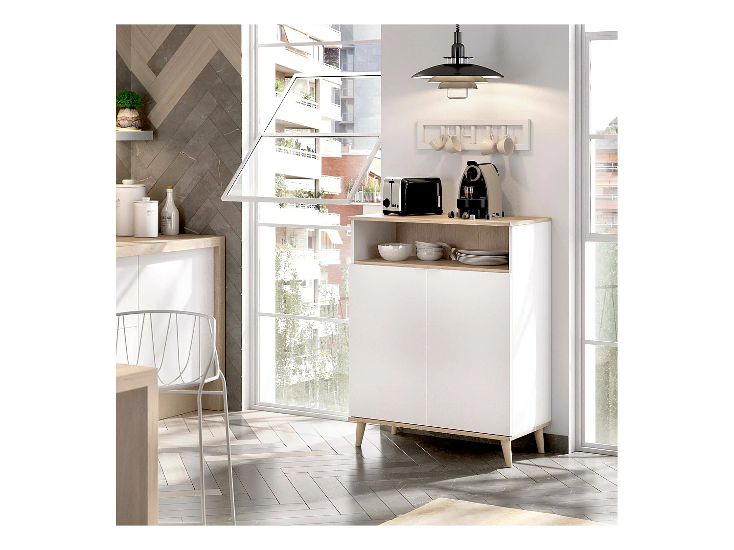 Varatella dressoir, Woonkamerkastbuffet, Modern woonkamerdressoir met 2 deuren, 80x40h102 cm, Wit en Eiken