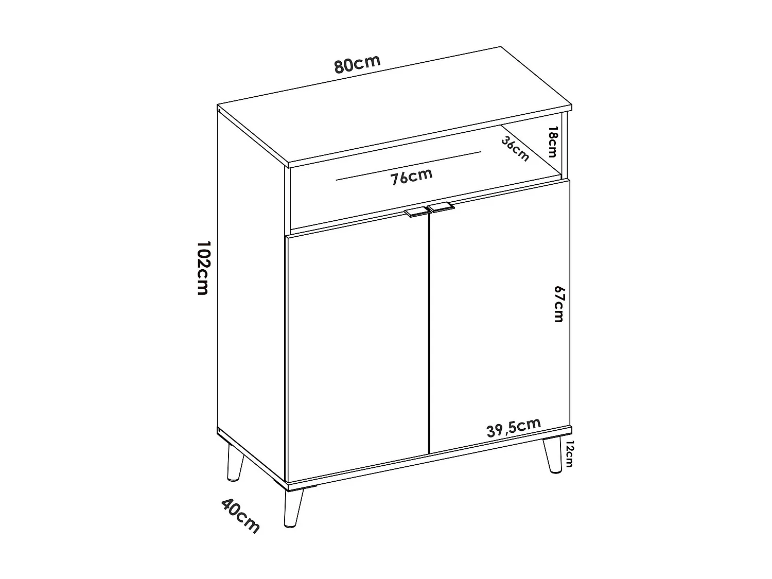 Sideboard Varatella, Wohnzimmer-Pantry-Buffet, modernes Wohnzimmer-Sideboard mit 2 Türen, 80x40h102 cm, Weiß und Eiche
