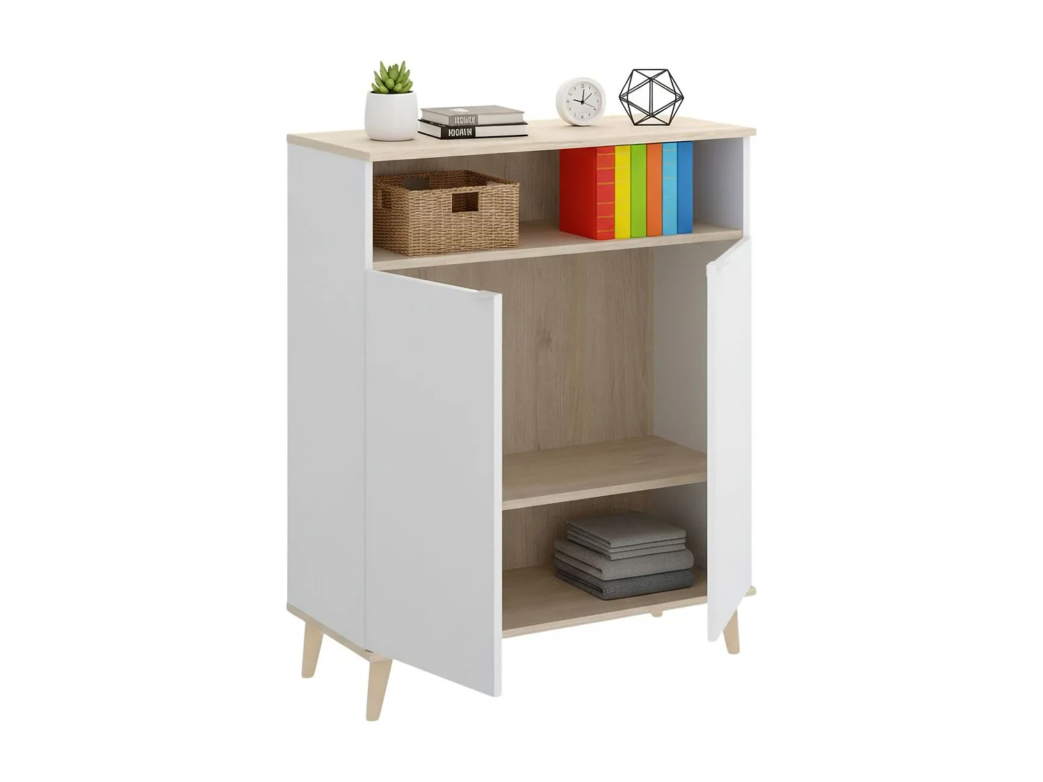 Aparador Varatella, Buffet despensa de sala, Aparador de sala moderno com 2 portas, 80x40h102 cm, Branco e Carvalho