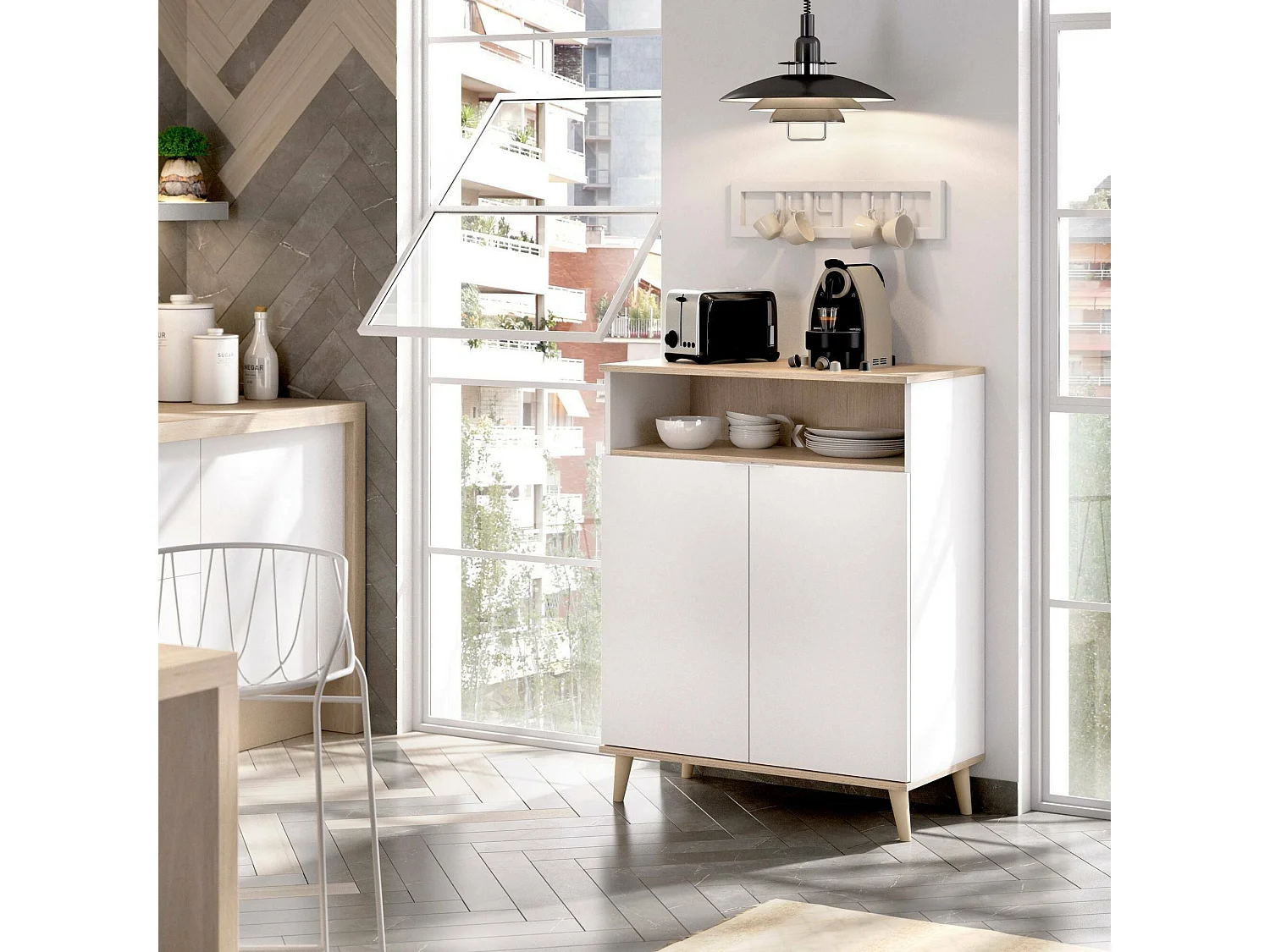 Aparador Varatella, Buffet despensa de sala, Aparador de sala moderno com 2 portas, 80x40h102 cm, Branco e Carvalho