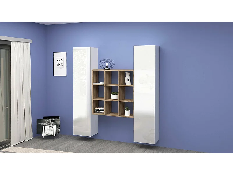 Aparador Fausto, Juego de salón con 2 puertas y estantes, Buffet de salón, Aparador de cocina, 100% Made in Italy, cm 170x30h180, Blanco brillo y Arce