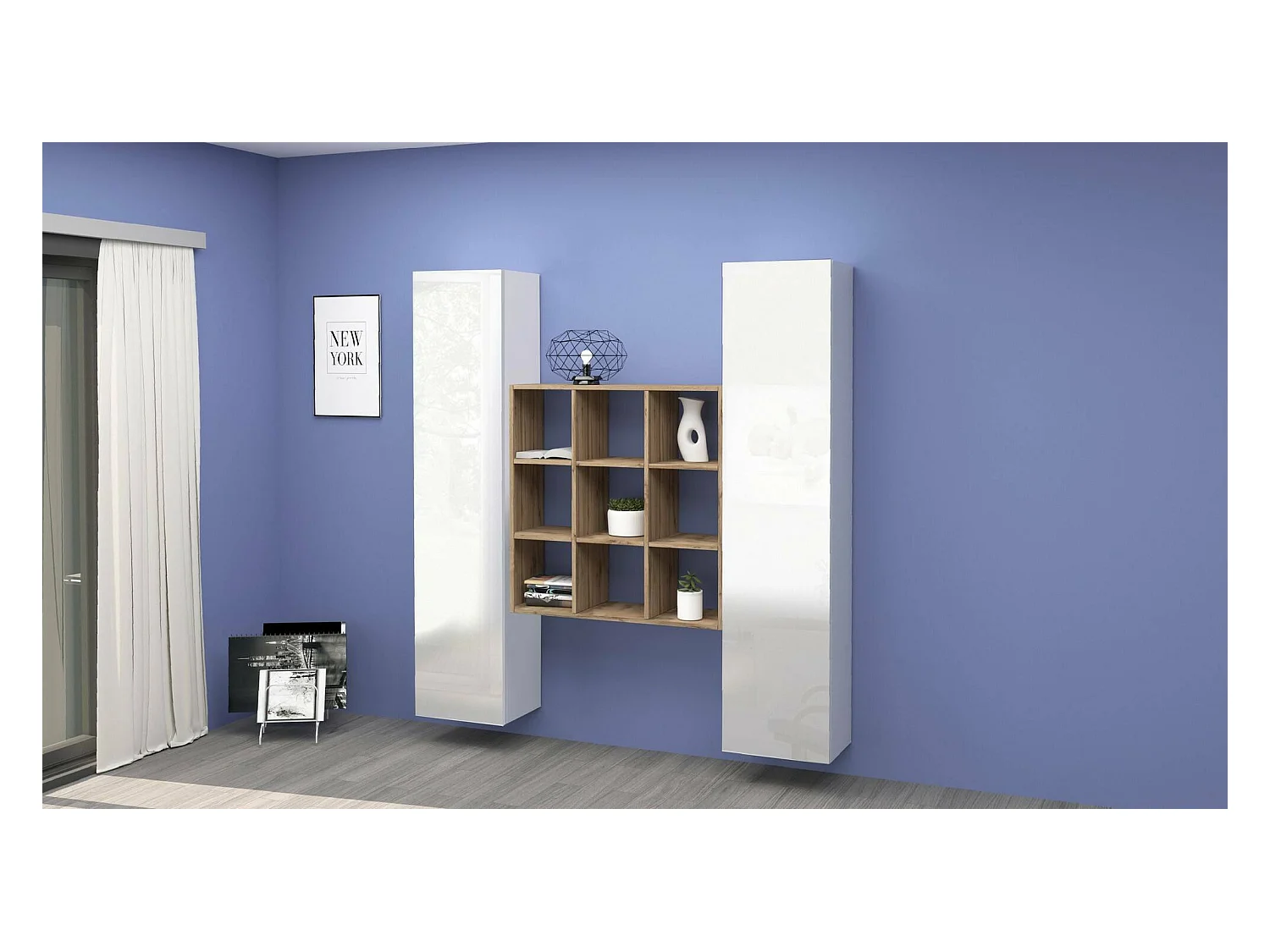 Aparador Fausto, Juego de salón con 2 puertas y estantes, Buffet de salón, Aparador de cocina, 100% Made in Italy, cm 170x30h180, Blanco brillo y Arce