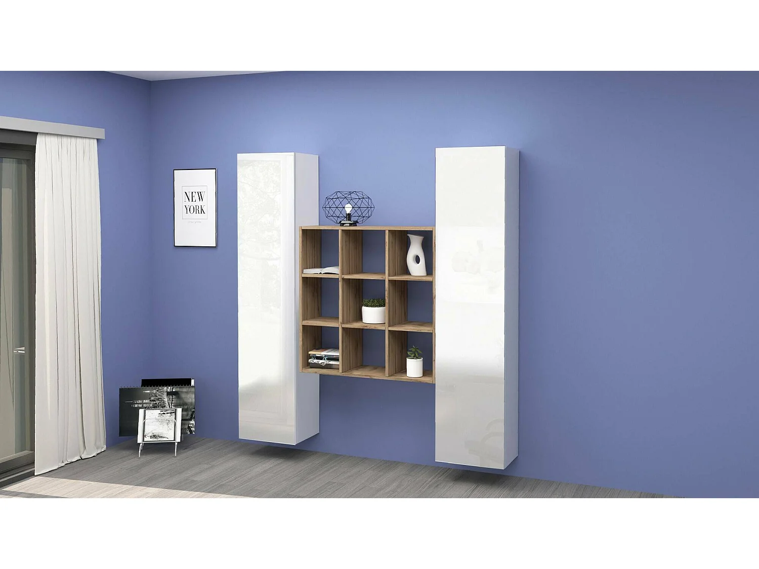 Kommode Fausto, Wohnzimmer-Set mit 2 Türen und Regalen, Wohnzimmer-Buffet, Küchen-Sideboard, 100 % Made in Italy, cm 170x30h180, glänzend weiß und Ahorn