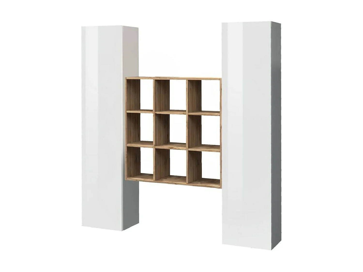 Kommode Fausto, Wohnzimmer-Set mit 2 Türen und Regalen, Wohnzimmer-Buffet, Küchen-Sideboard, 100 % Made in Italy, cm 170x30h180, glänzend weiß und Ahorn