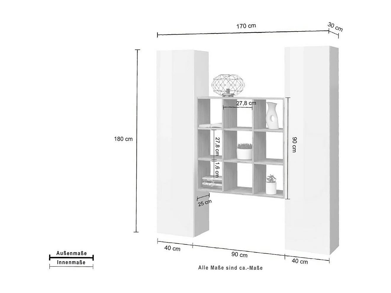 Kommode Fausto, Wohnzimmer-Set mit 2 Türen und Regalen, Wohnzimmer-Buffet, Küchen-Sideboard, 100 % Made in Italy, cm 170x30h180, glänzend weiß und Ahorn