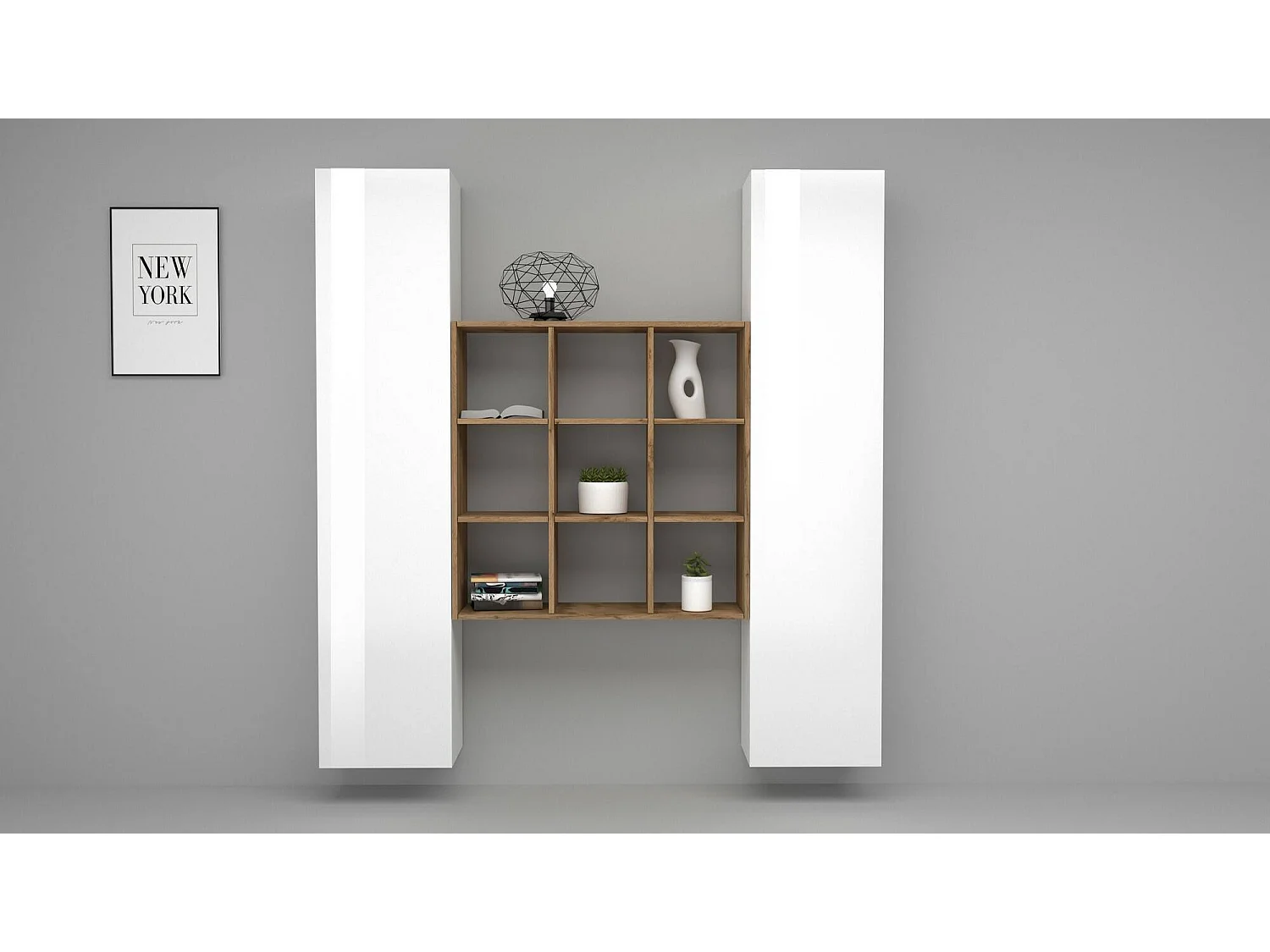 Aparador Fausto, Juego de salón con 2 puertas y estantes, Buffet de salón, Aparador de cocina, 100% Made in Italy, cm 170x30h180, Blanco brillo y Arce
