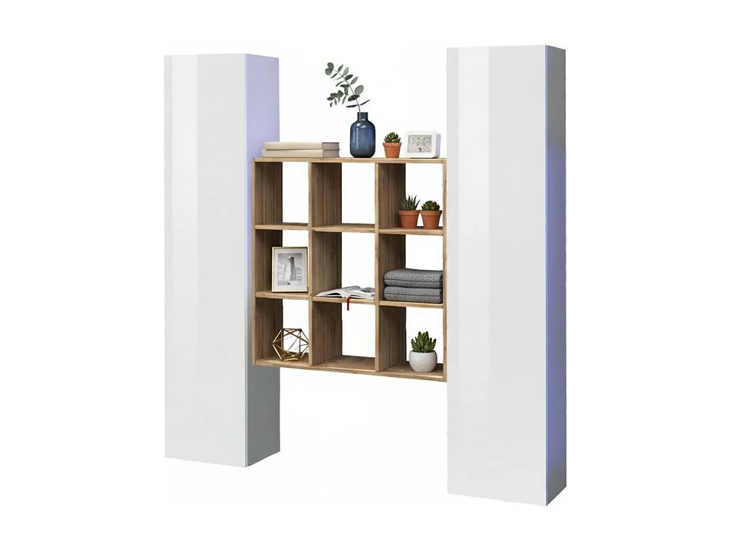 Buffet Fausto, Ensemble de salon avec 2 portes et étagères, Buffet de salon, Buffet de cuisine, 100% Made in Italy, 170x30h180 cm, Blanc brillant et Érable