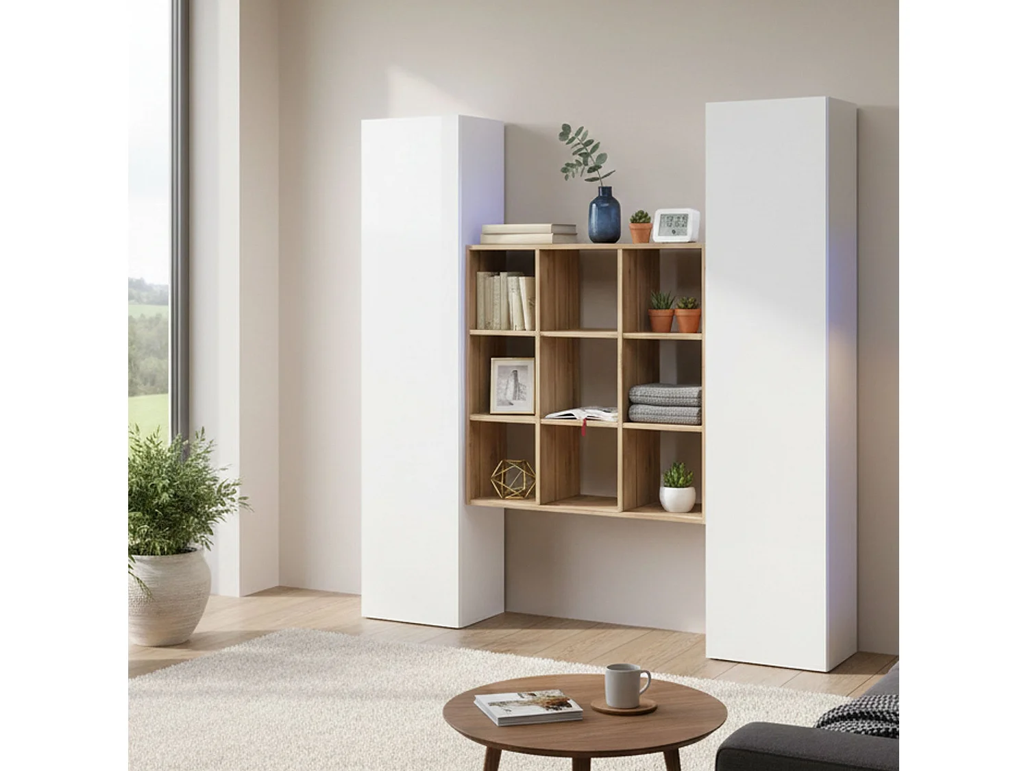 Buffet Fausto, Ensemble de salon avec 2 portes et étagères, Buffet de salon, Buffet de cuisine, 100% Made in Italy, 170x30h180 cm, Blanc brillant et Érable