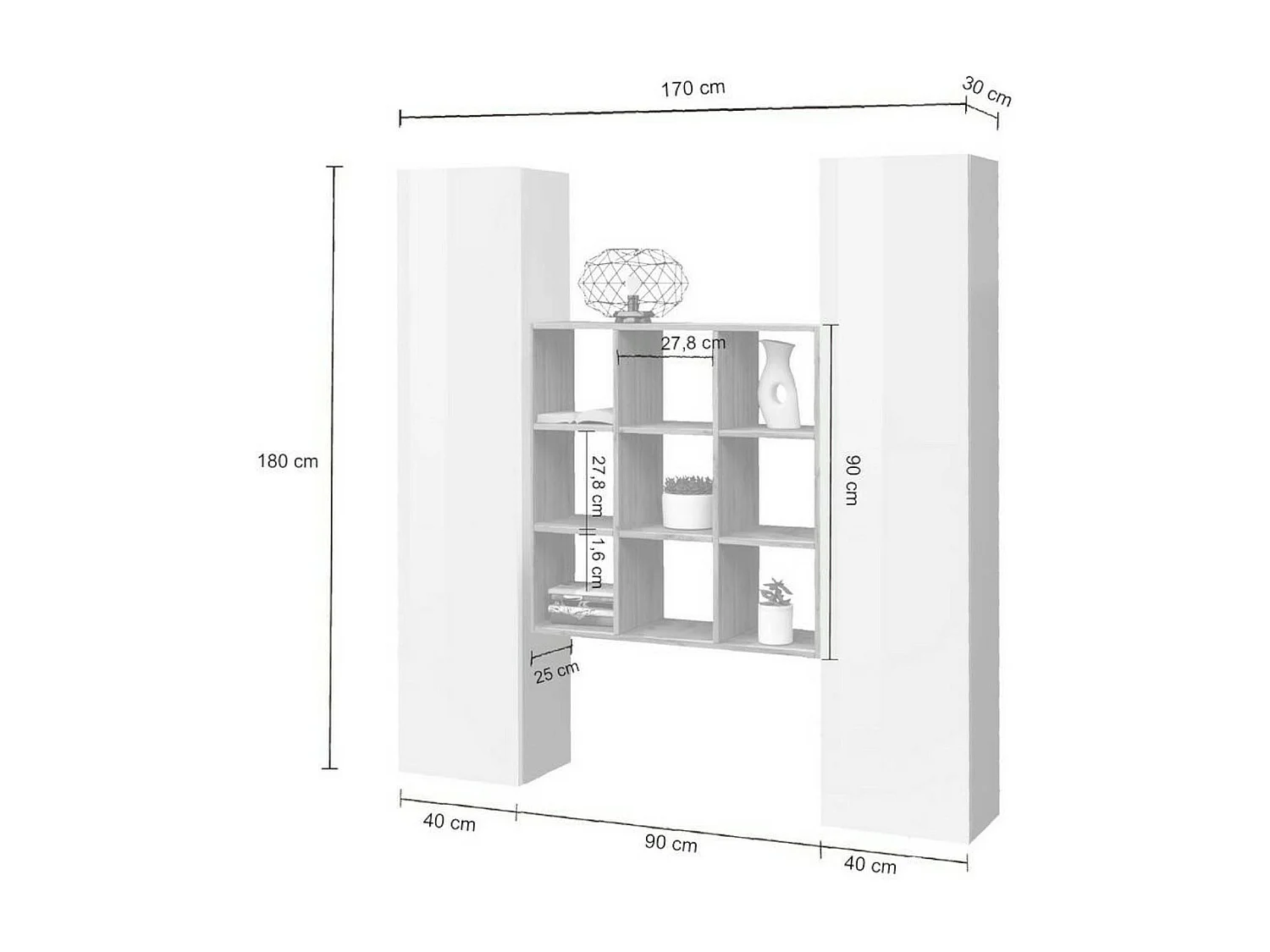Aparador Fausto, Conjunto de sala com 2 portas e prateleiras, Buffet de sala, Aparador de cozinha, 100% Fabricado em Itália, 170x30h180 cm, Branco brilhante e Bordo