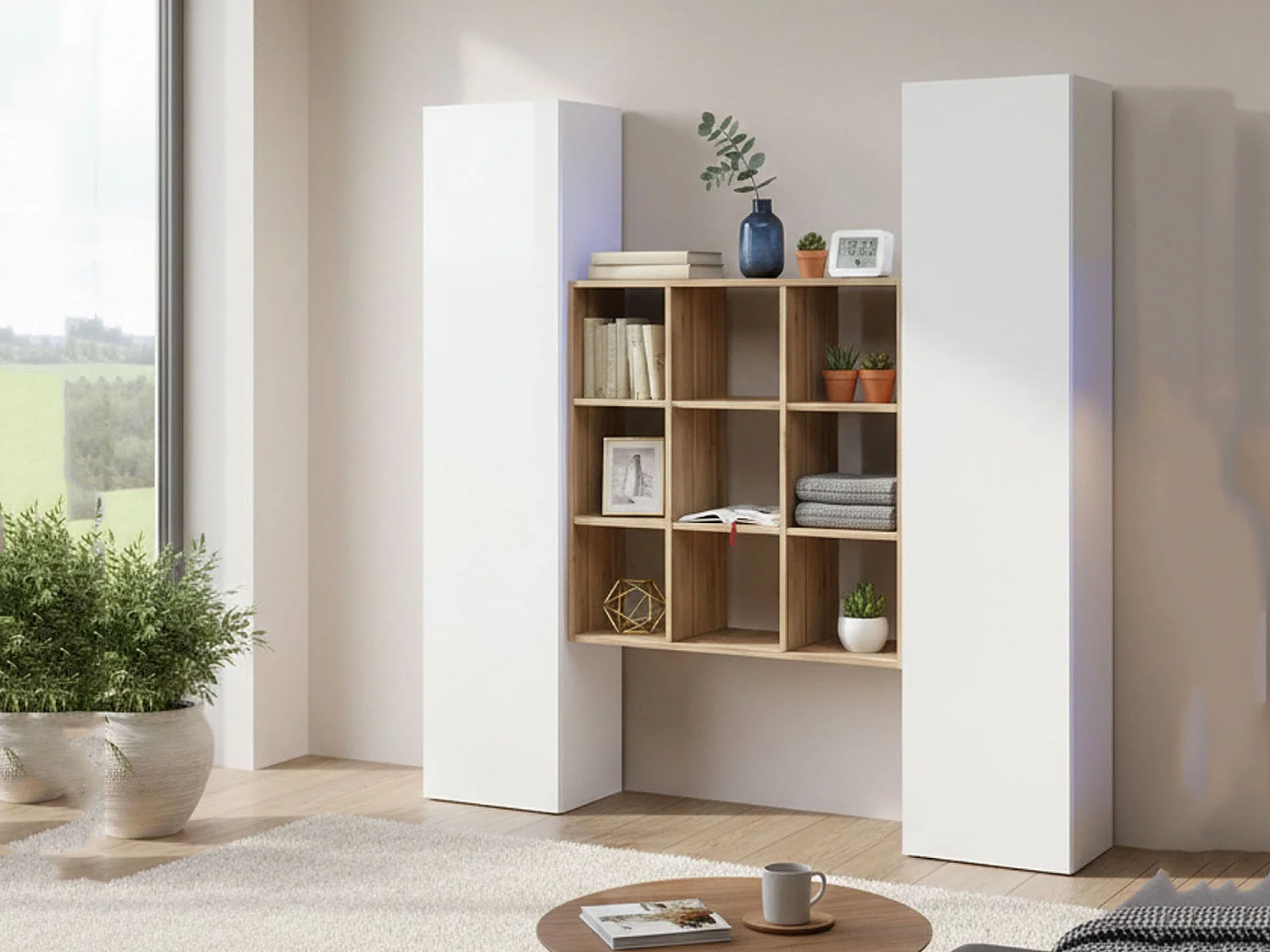Buffet Fausto, Ensemble de salon avec 2 portes et étagères, Buffet de salon, Buffet de cuisine, 100% Made in Italy, 170x30h180 cm, Blanc brillant et Érable