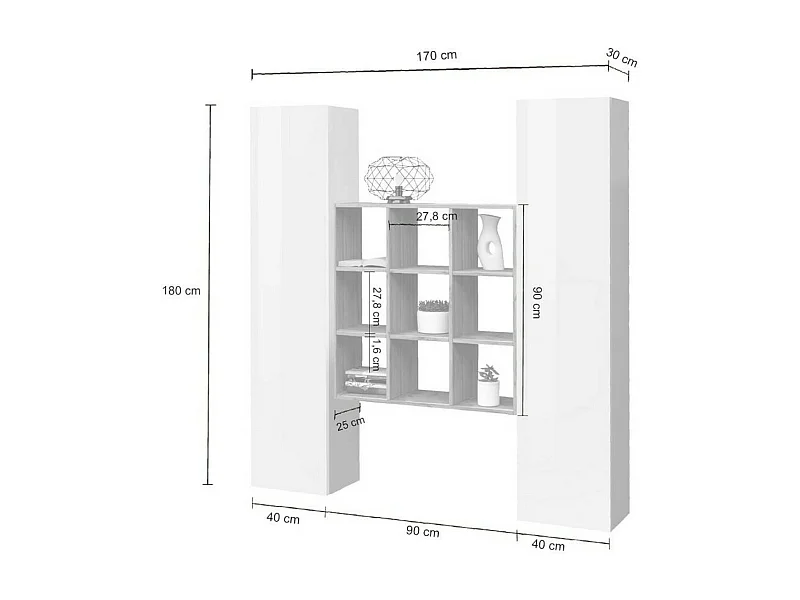 Dmora Dressoir Fausto 30x40x180h cm Wit Glanzend 16 Planken 19 Opbergvakken, Kast Met Draaideur Made in Italy
