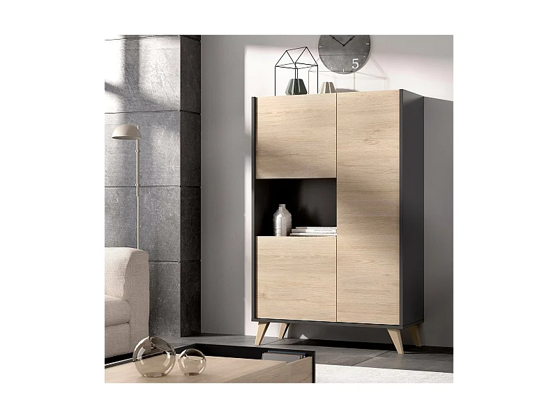 Buffet Boario, Buffet de salon haut, Buffet de salon moderne avec 3 portes, 81x43h135 cm, Chêne et Anthracite