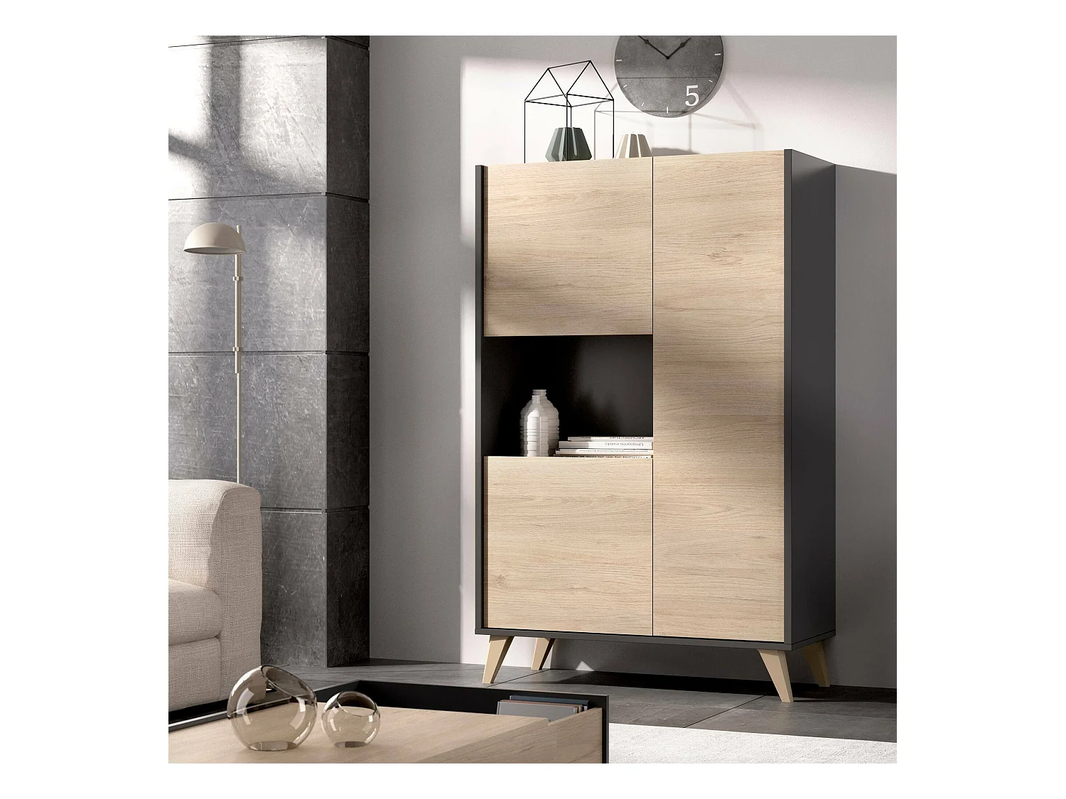 Buffet Boario, Buffet de salon haut, Buffet de salon moderne avec 3 portes, 81x43h135 cm, Chêne et Anthracite