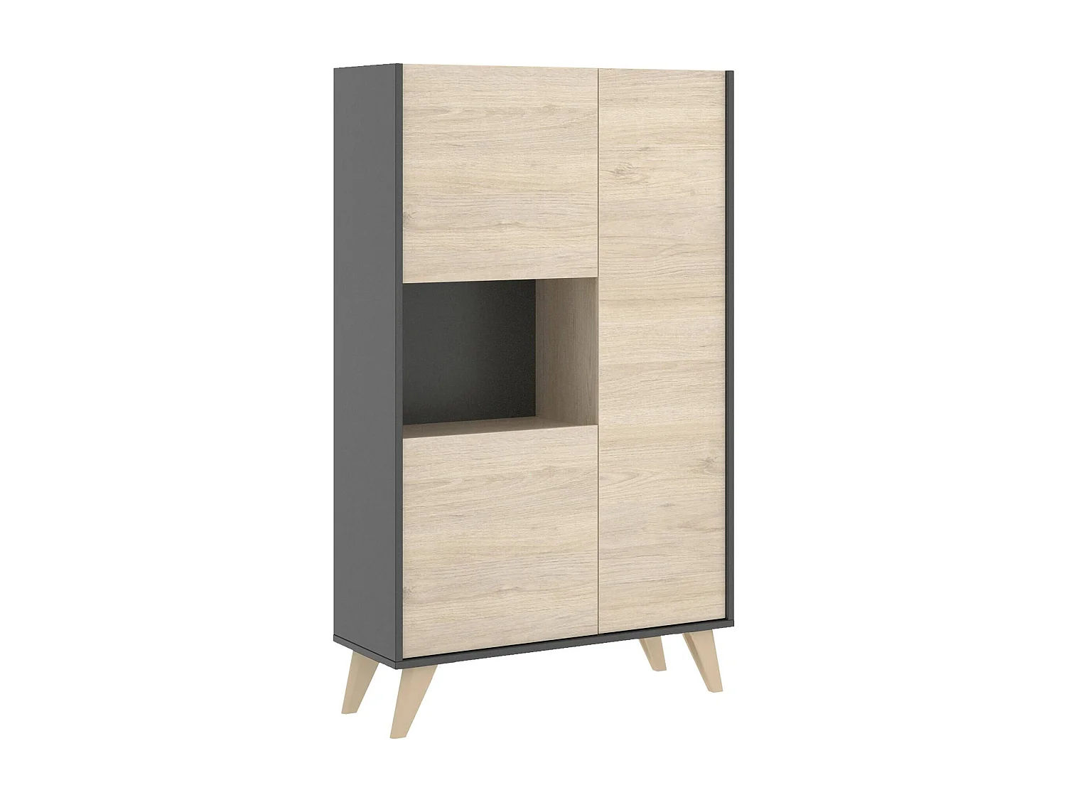 Boario dressoir, Hoog woonkamerbuffet, Modern woonkamerdressoir met 3 deuren, 81x43h135 cm, Eiken en Antraciet