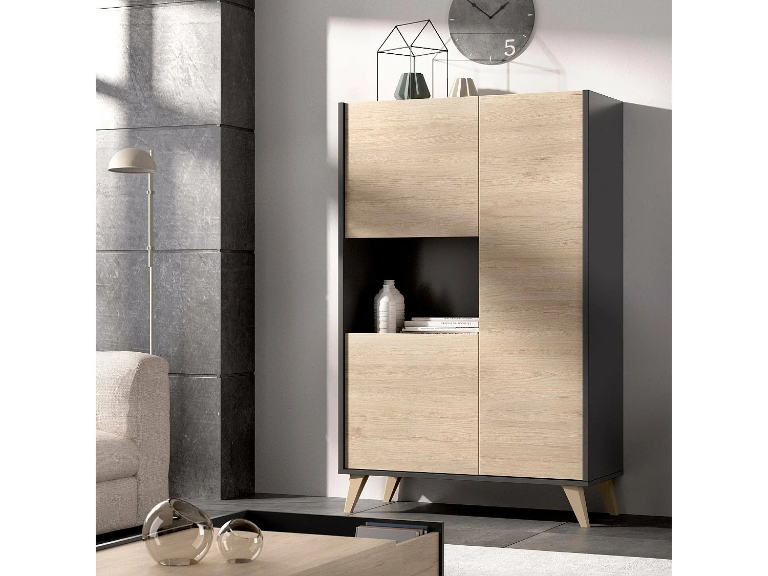 Aparador Boario, Buffet de sala alto, Aparador de sala moderno com 3 portas, 81x43h135 cm, Carvalho e Antracite