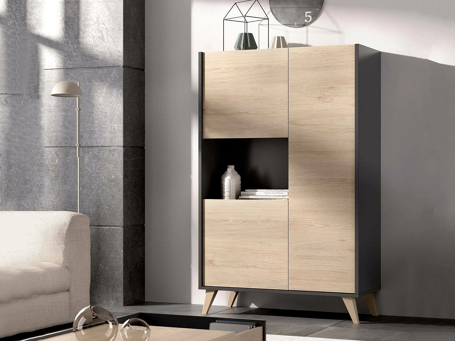 Dmora Dressoir Boario 43x81x135h cm Bruin, 4 Planken 5 Vakjes, Kast Met Draaideuren