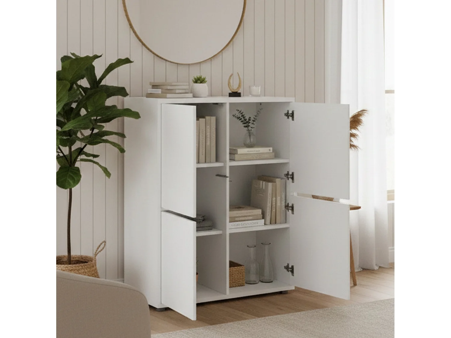 Aparador Zaccaria, Aparador de cocina con 4 puertas, Buffet de salón, 100% Made in Italy, cm 100x41h126, Blanco brillo