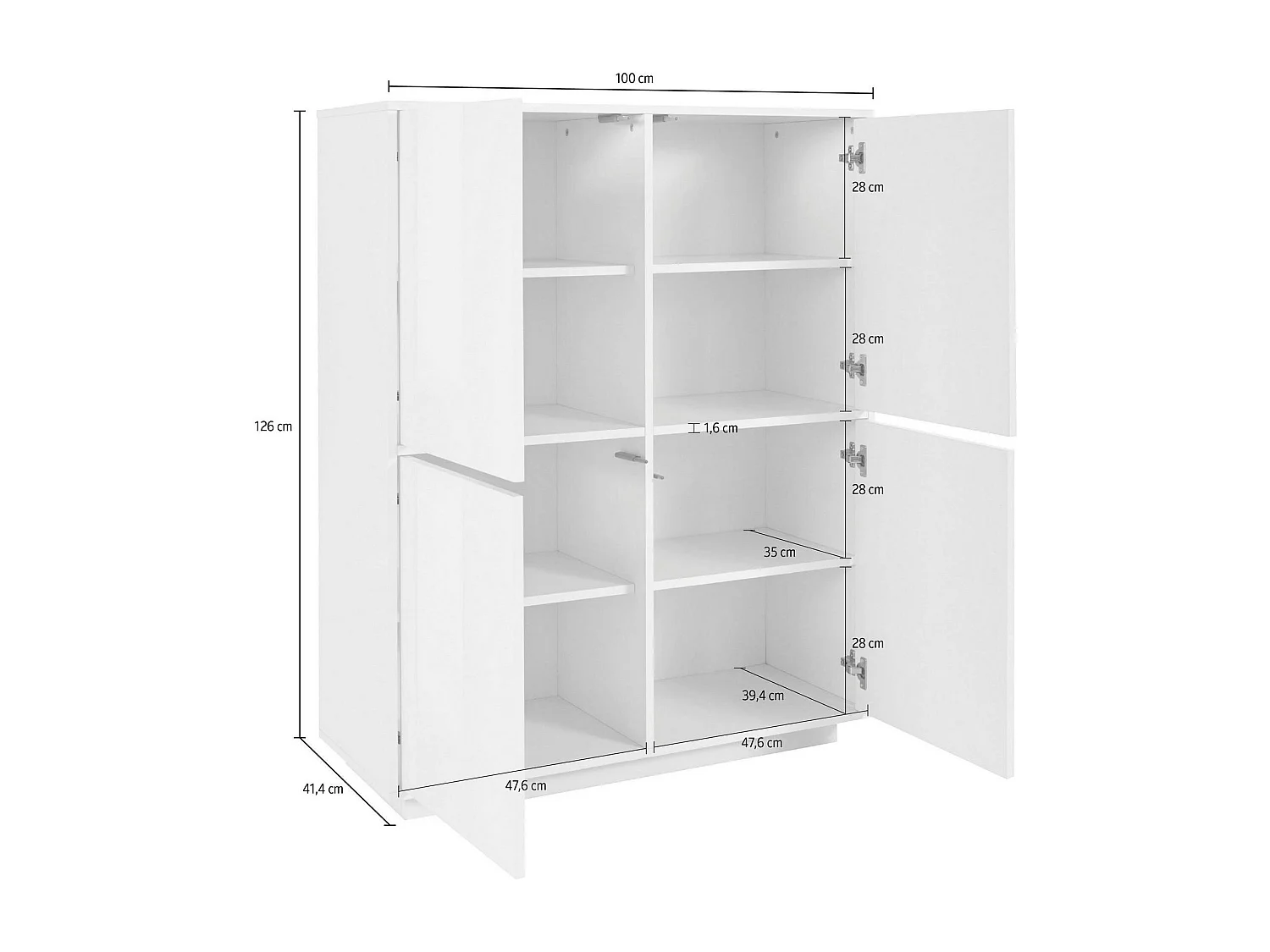 Aparador Zaccaria, Aparador de cocina con 4 puertas, Buffet de salón, 100% Made in Italy, cm 100x41h126, Blanco brillo