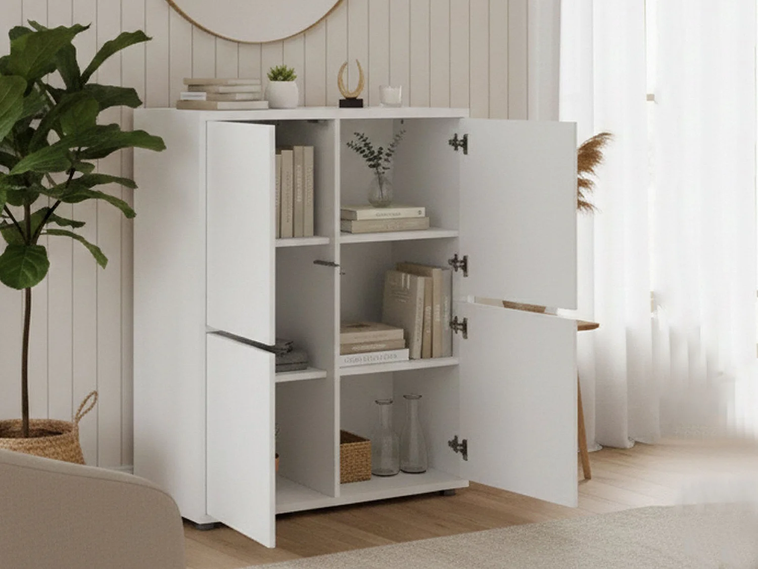 Aparador Zaccaria, Aparador de cocina con 4 puertas, Buffet de salón, 100% Made in Italy, cm 100x41h126, Blanco brillo