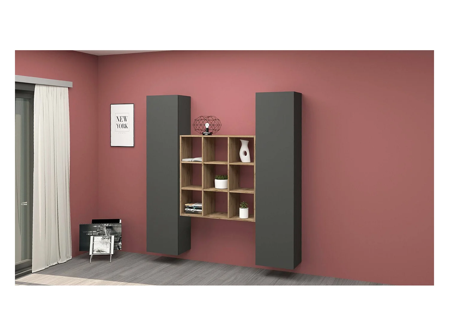 Fausto dressoir, Woonkamerset met 2 deuren en planken, Woonkamerbuffet, Keukendressoir, 100% Made in Italy, 170x30h180 cm, Antraciet en Esdoorn