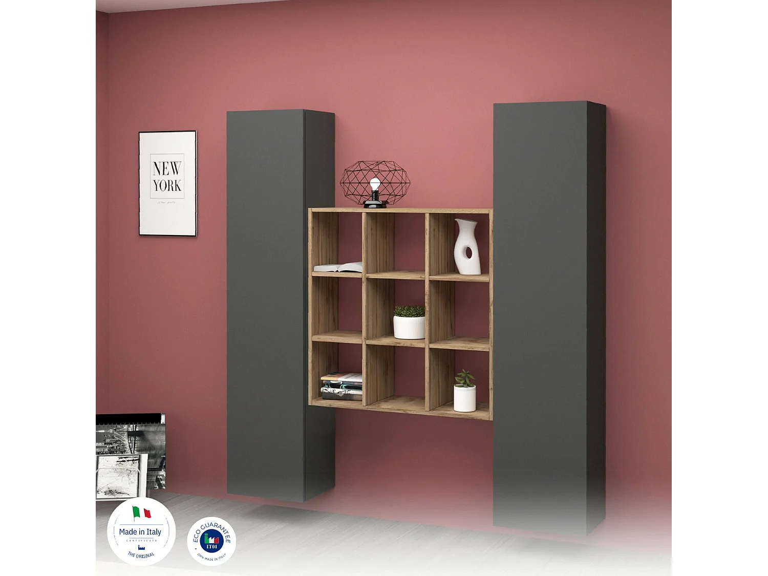 Kommode Fausto, Wohnzimmer-Set mit 2 Türen und Regalen, Wohnzimmer-Buffet, Küchen-Sideboard, 100% Made in Italy, cm 170x30h180, Anthrazit und Ahorn