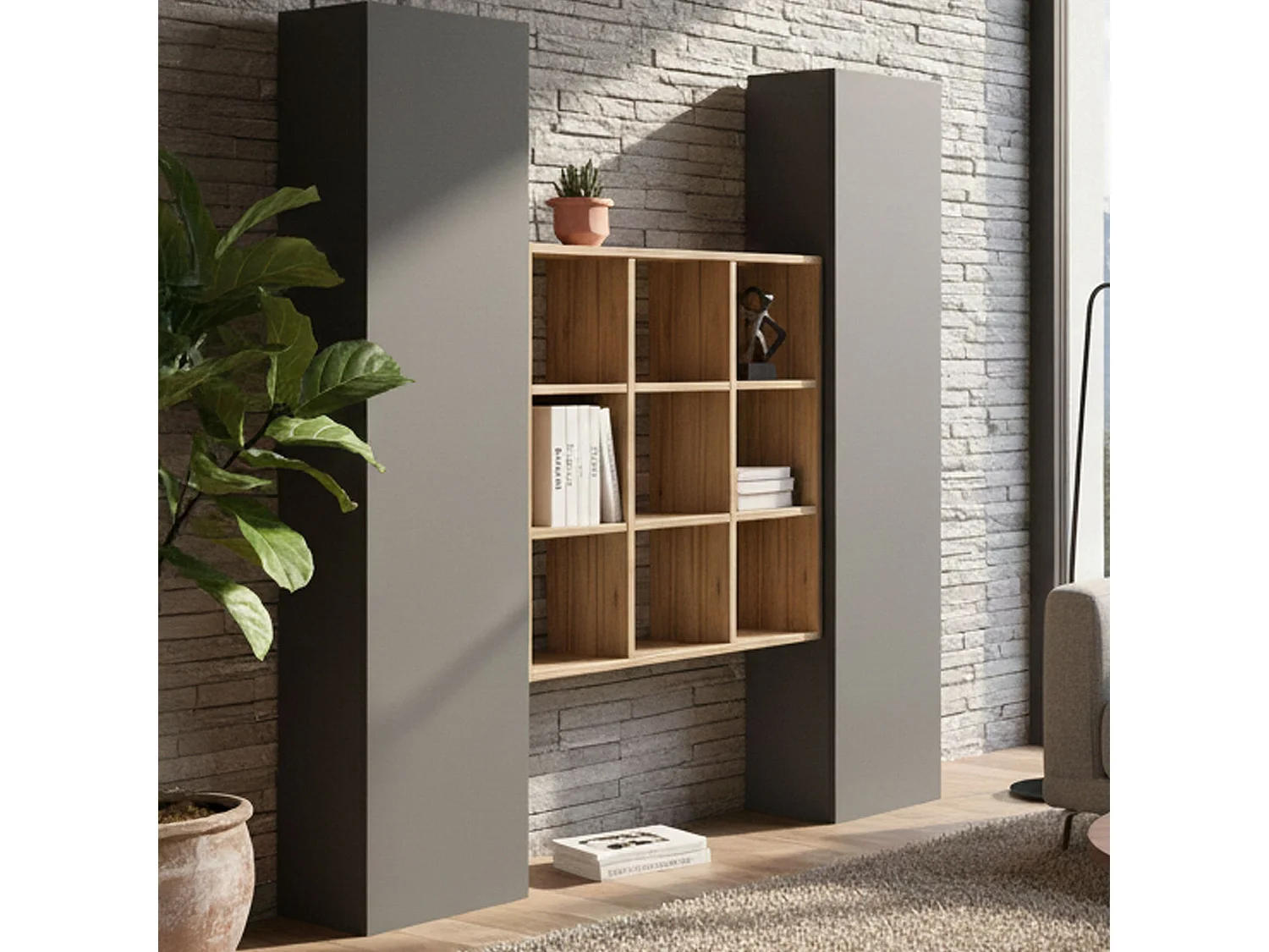 Buffet Fausto, Ensemble de salon avec 2 portes et étagères, Buffet de salon, Buffet de cuisine, 100% Made in Italy, 170x30h180 cm, Anthracite et Érable