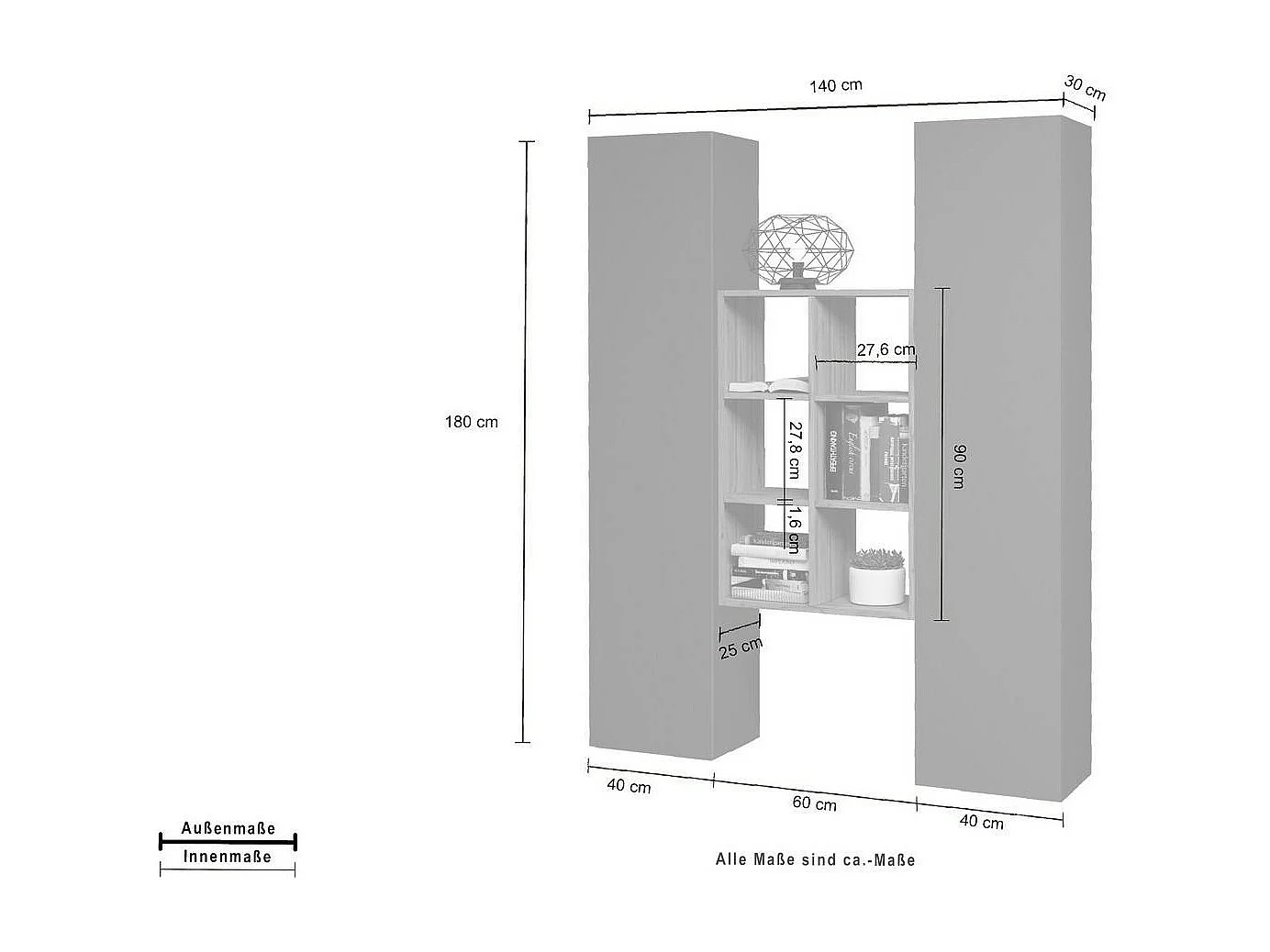 Buffet Franco, Ensemble de salon avec 2 portes et étagères, Buffet de salon, Buffet de cuisine, 100% Made in Italy, 140x30h180 cm, Anthracite et Érable