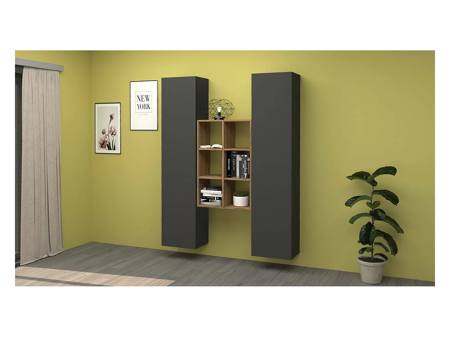 Franco dressoir, Woonkamerset met 2 deuren en planken, Woonkamerbuffet, Keukendressoir, 100% Made in Italy, 140x30h180 cm, Antraciet en Esdoorn